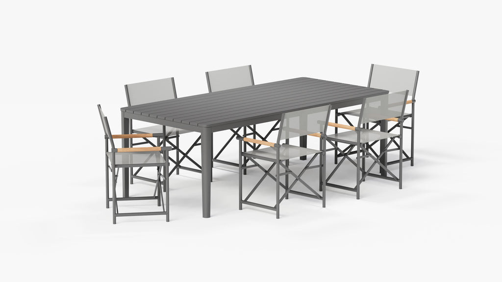 Table de salle à manger rectangulaire d'extérieur en aluminium + 6 chaises de réalisateur en aluminium