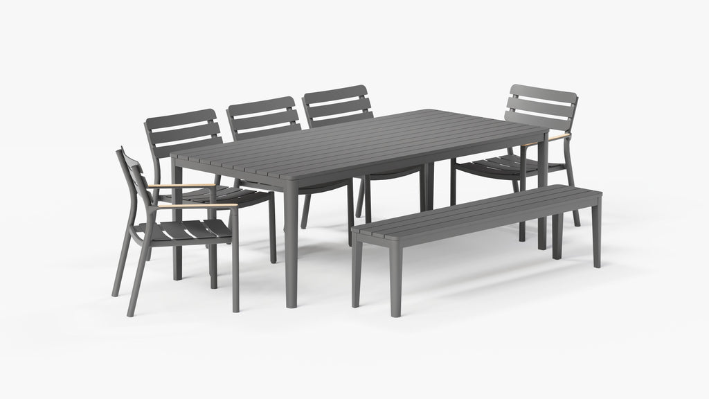 Table de salle à manger rectangulaire d'extérieur en aluminium + 2 fauteuils 595 + 3 chaises sans accoudoirs 595 + banc de salle à manger en aluminium