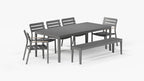 Table de salle à manger rectangulaire d'extérieur en aluminium + 2 fauteuils 595 + 3 chaises sans accoudoirs 595 + banc de salle à manger en aluminium