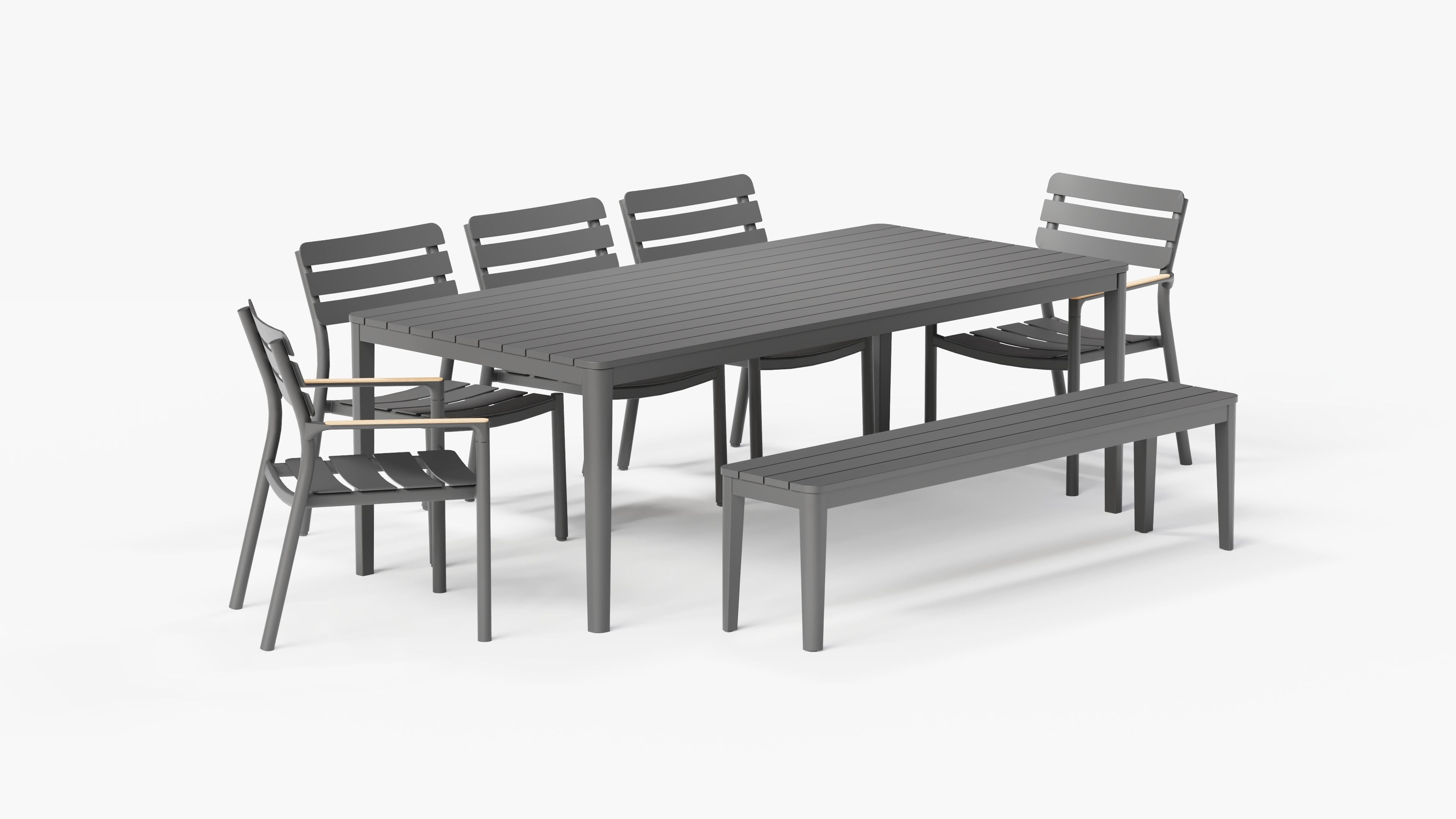 Table de salle à manger rectangulaire d'extérieur en aluminium + 2 fauteuils 595 + 3 chaises sans accoudoirs 595 + banc de salle à manger en aluminium