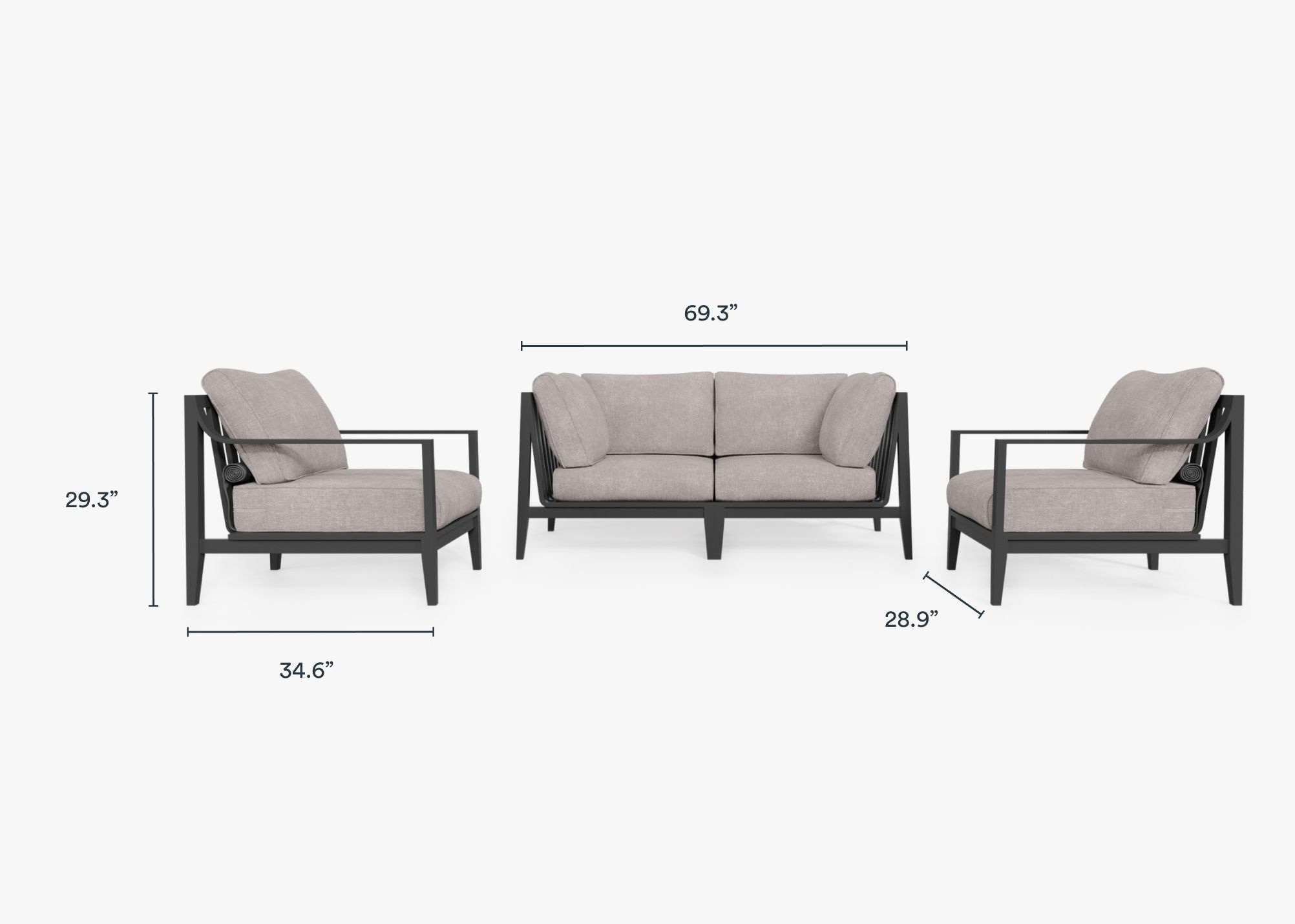 Canapé d'extérieur 4 places en aluminium anthracite avec accoudoirs