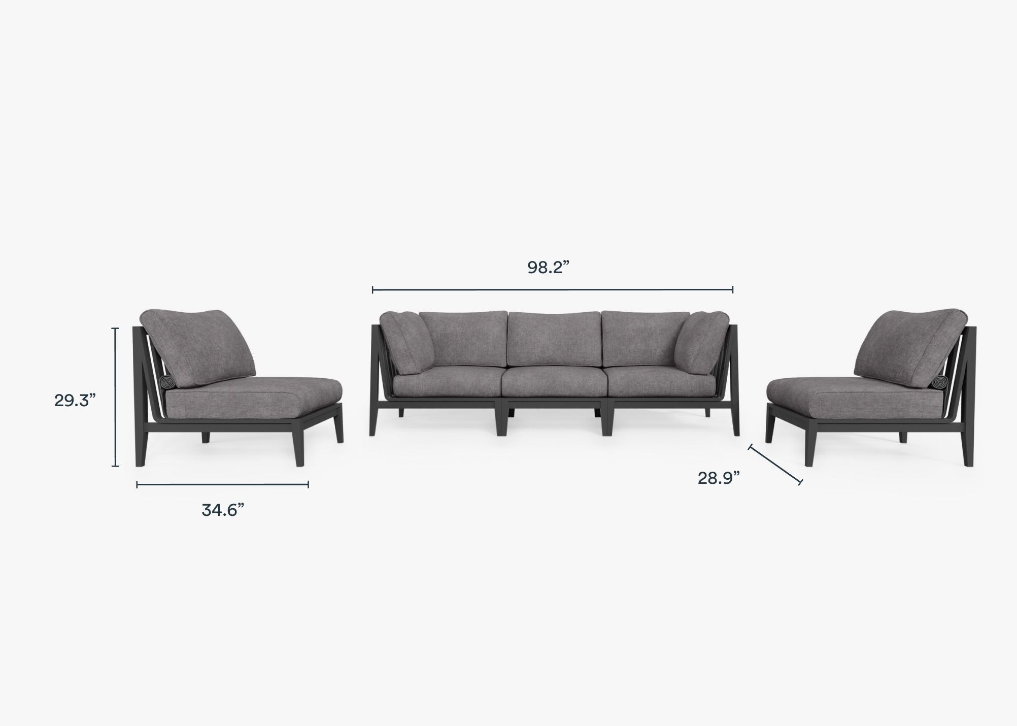 Canapé d'extérieur en aluminium anthracite avec fauteuils sans accoudoirs - 5 places