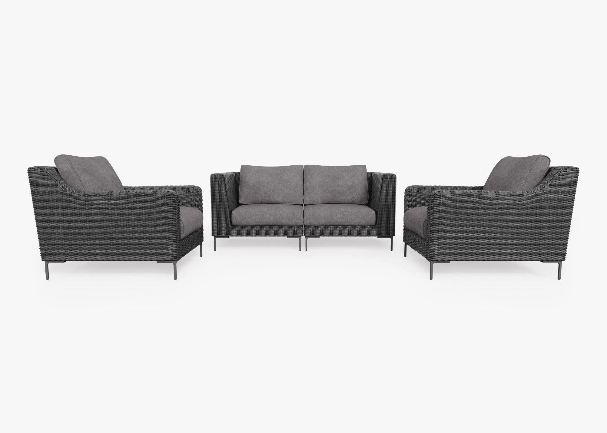 Canapé d'extérieur 4 places en osier noir avec fauteuils