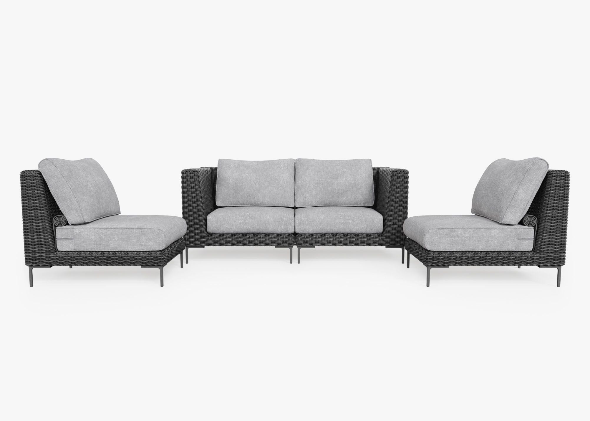 Canapé d'extérieur 4 places en résine tressée noire avec fauteuils sans accoudoirs