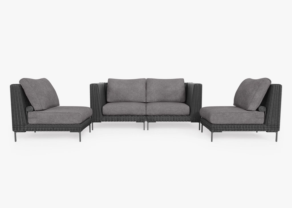 Canapé d'extérieur 4 places en résine tressée noire avec fauteuils sans accoudoirs