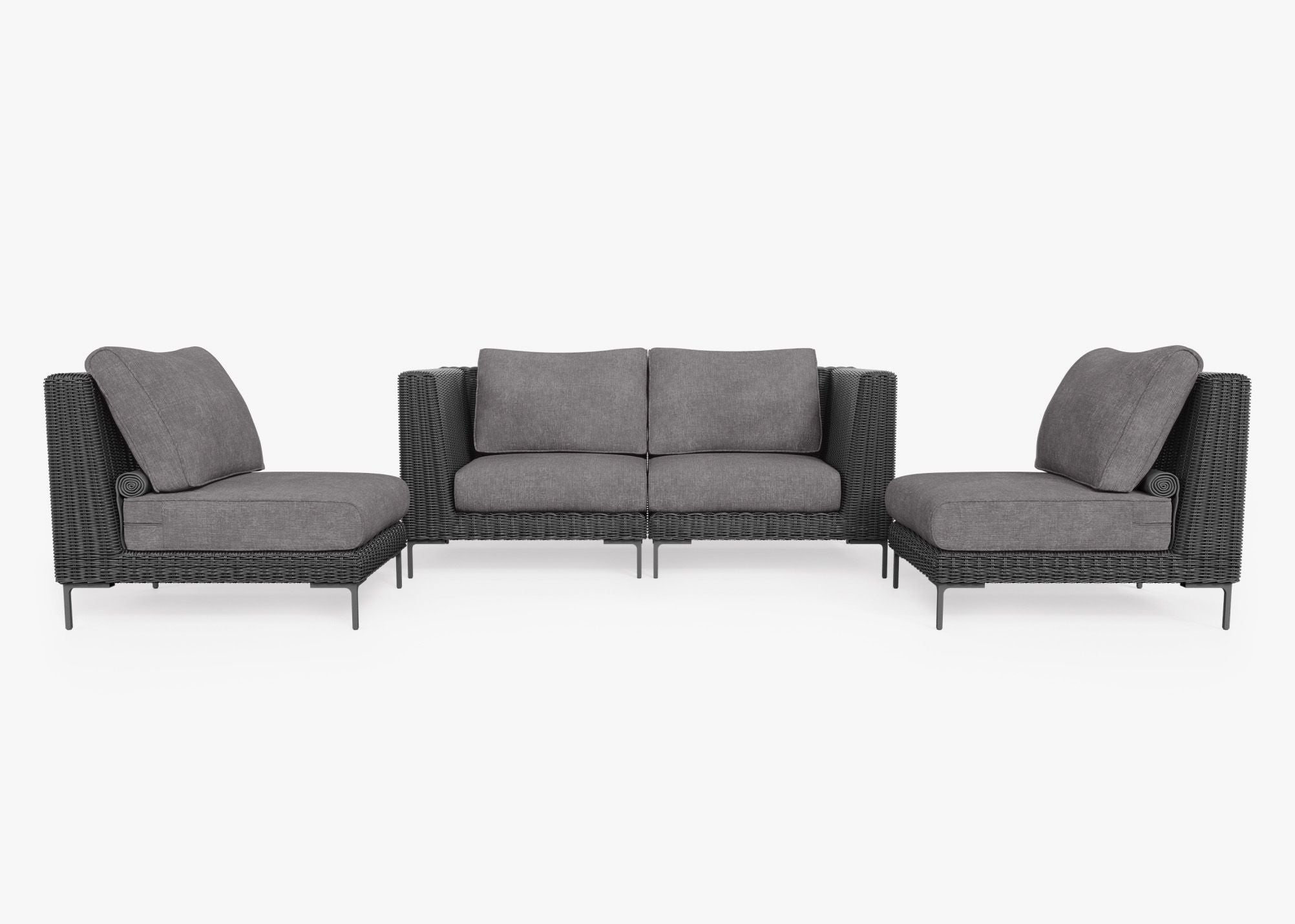 Canapé d'extérieur 4 places en résine tressée noire avec fauteuils sans accoudoirs