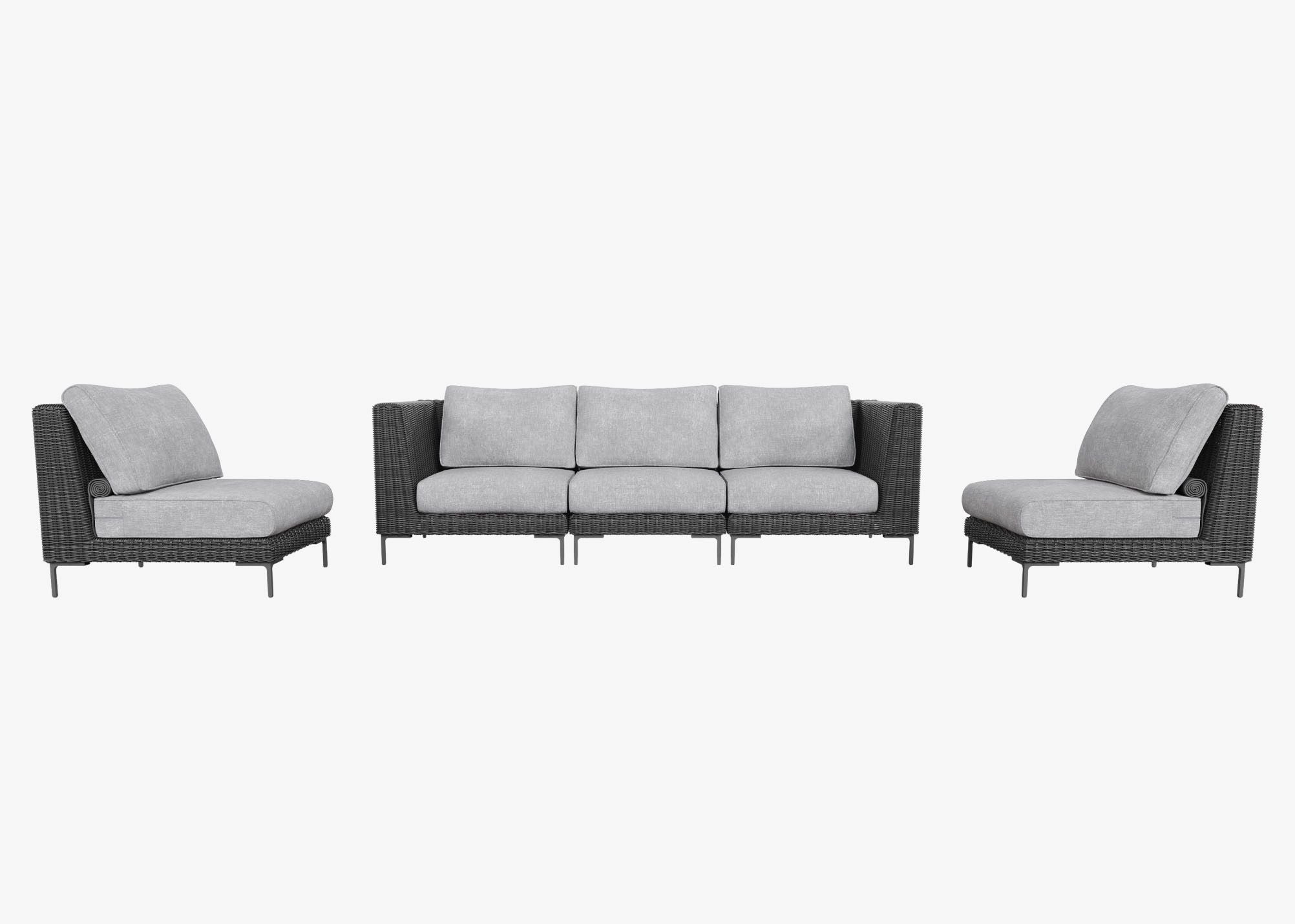 Canapé d'extérieur en résine tressée noire avec fauteuils sans accoudoirs - 5 places