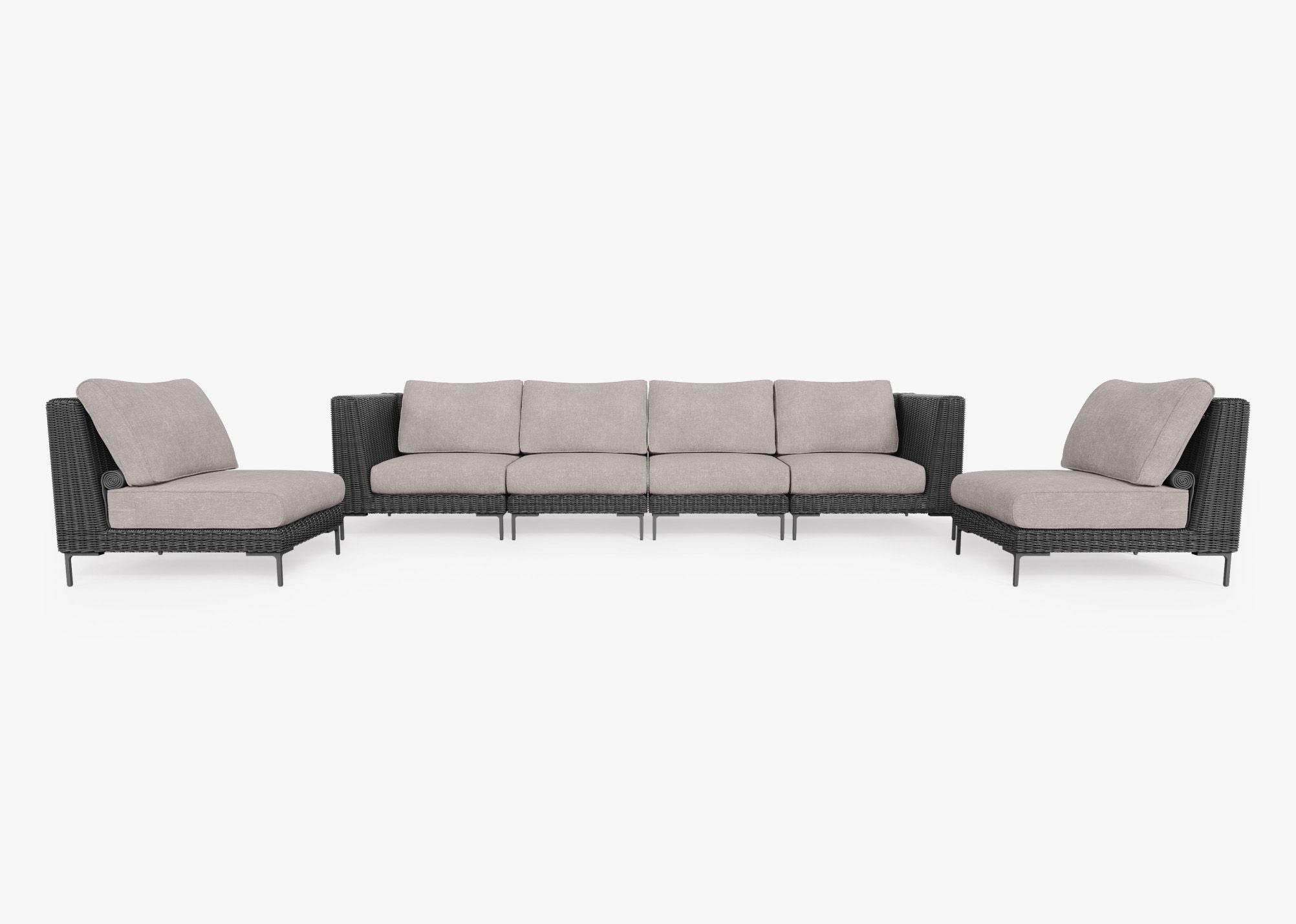 Canapé d'extérieur en résine tressée noire avec fauteuils sans accoudoirs - 6 places