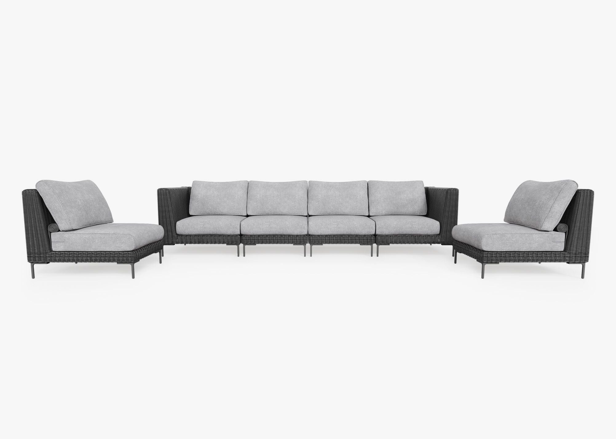 Canapé d'extérieur en résine tressée noire avec fauteuils sans accoudoirs - 6 places