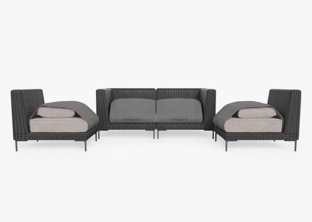 Canapé d'extérieur 4 places en résine tressée noire avec fauteuils sans accoudoirs