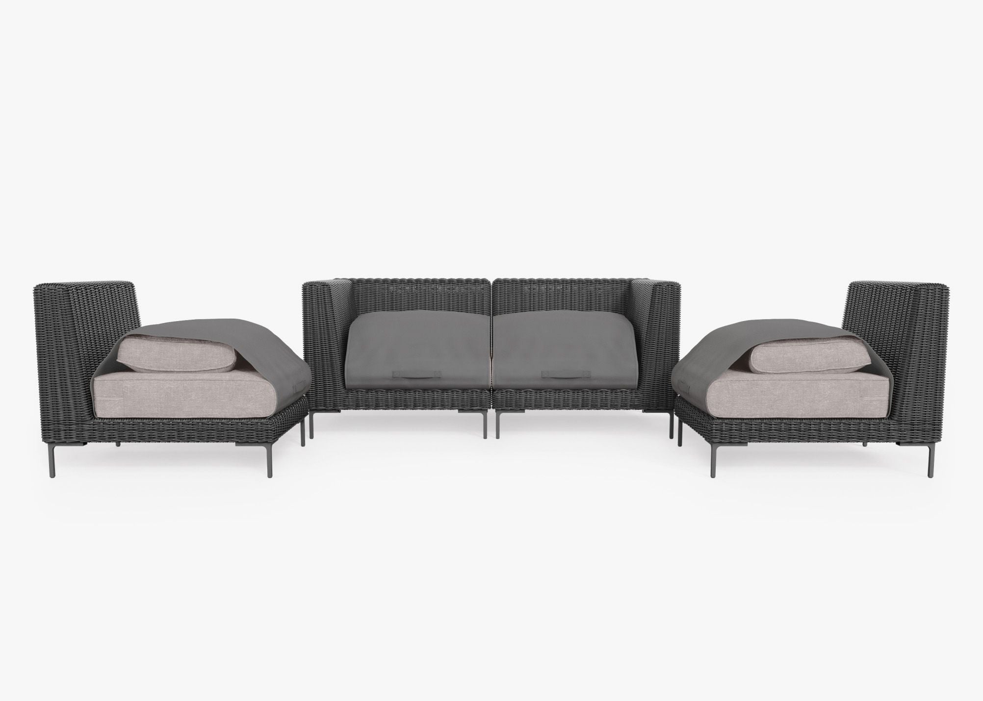 Canapé d'extérieur 4 places en résine tressée noire avec fauteuils sans accoudoirs