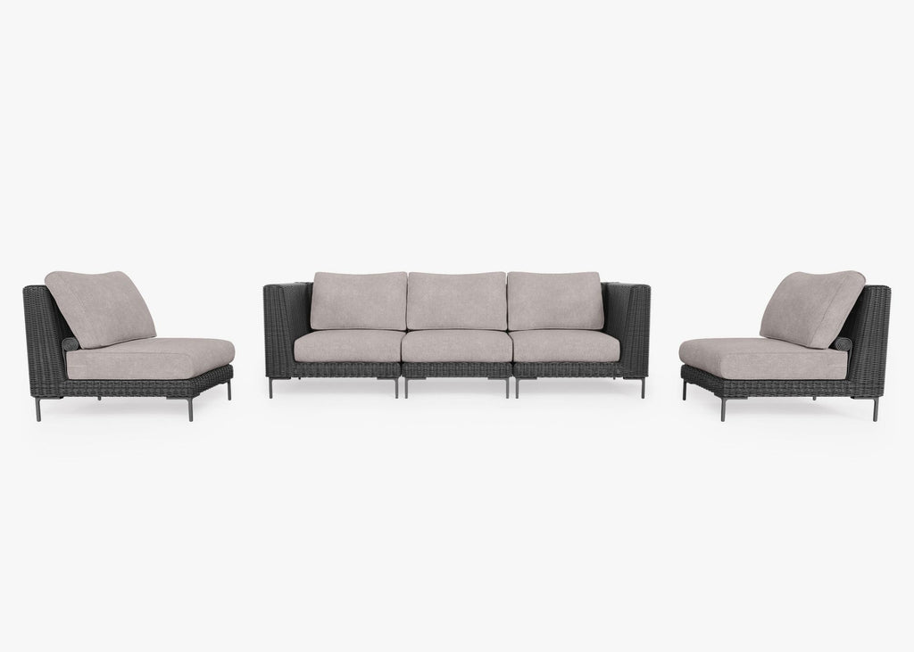 Canapé d'extérieur en résine tressée noire avec fauteuils sans accoudoirs - 5 places