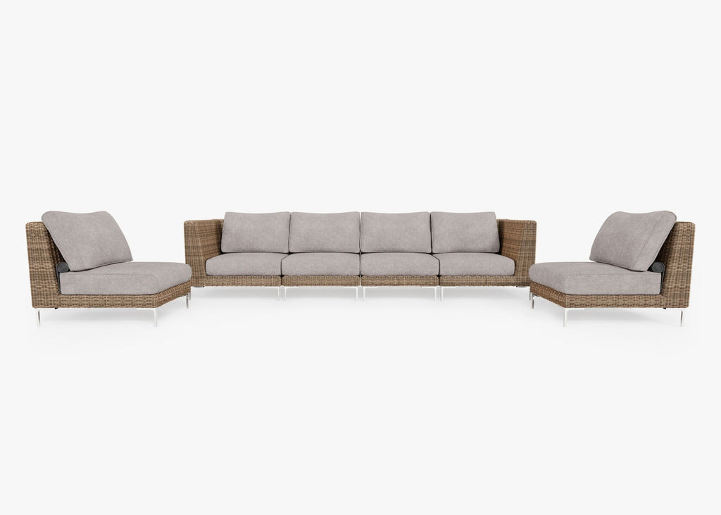 Canapé d'extérieur en osier marron avec fauteuils sans accoudoirs - 6 places