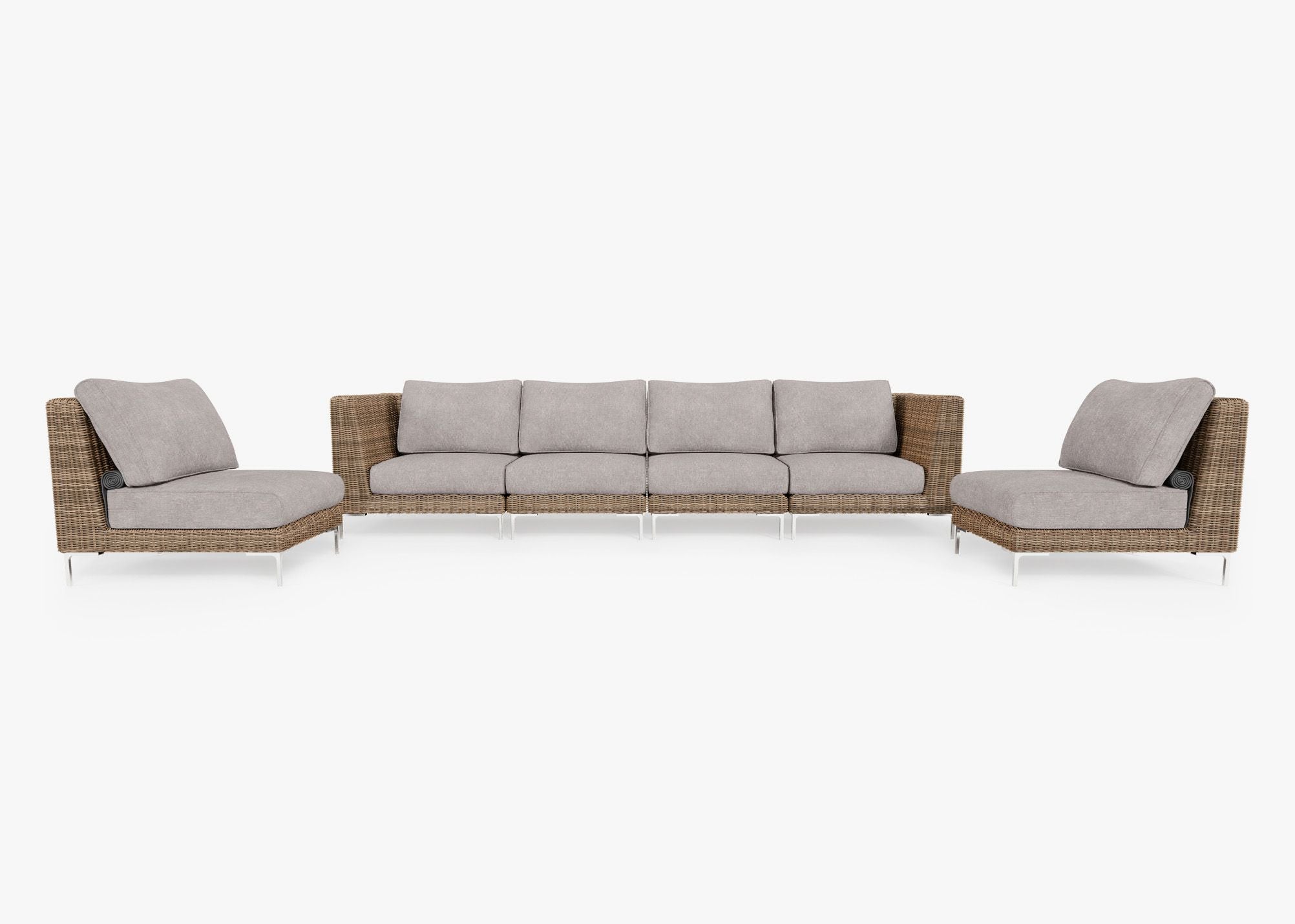 Canapé d'extérieur en osier marron avec fauteuils sans accoudoirs - 6 places