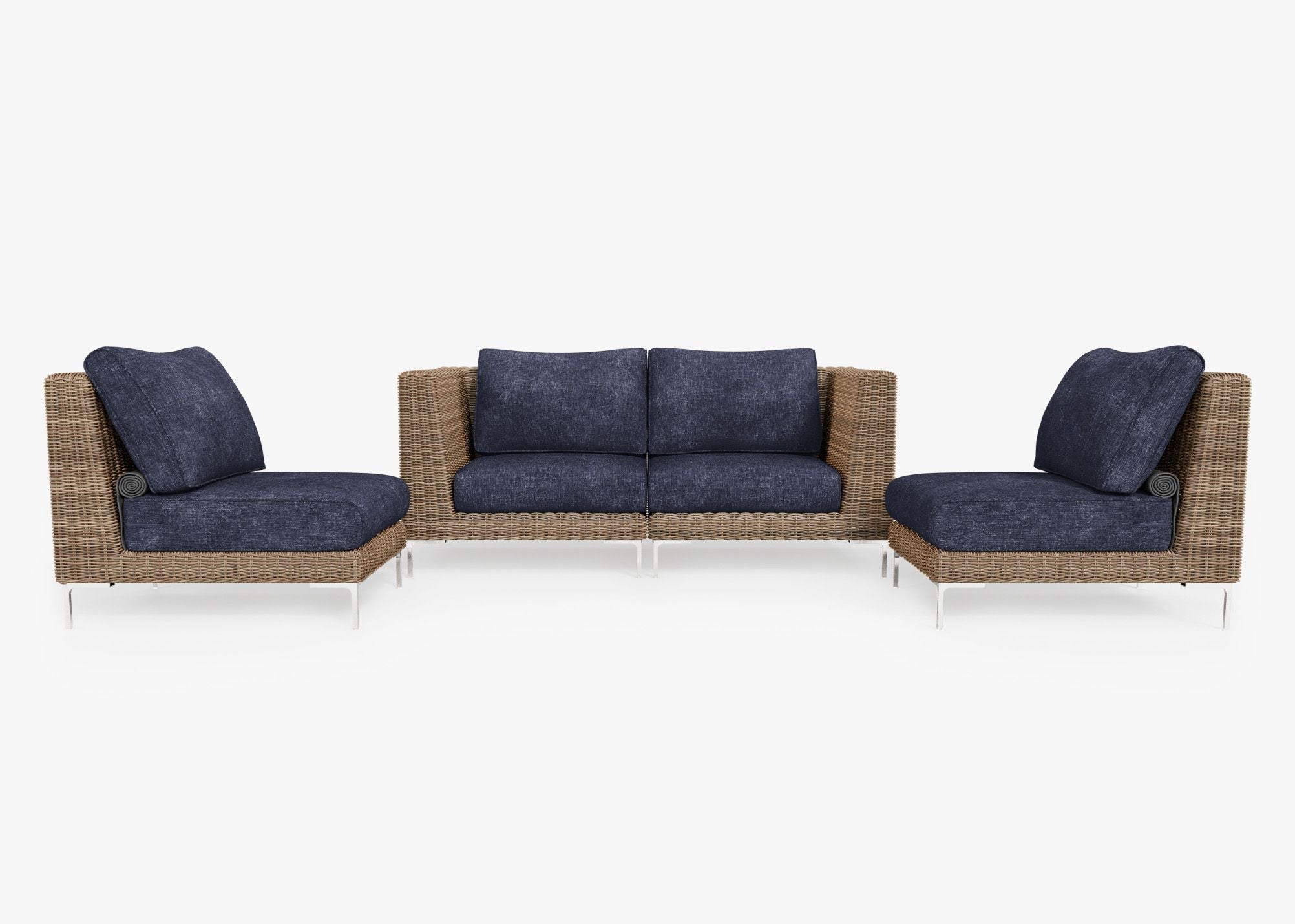 Canapé d'extérieur 4 places en osier marron avec fauteuils sans accoudoirs