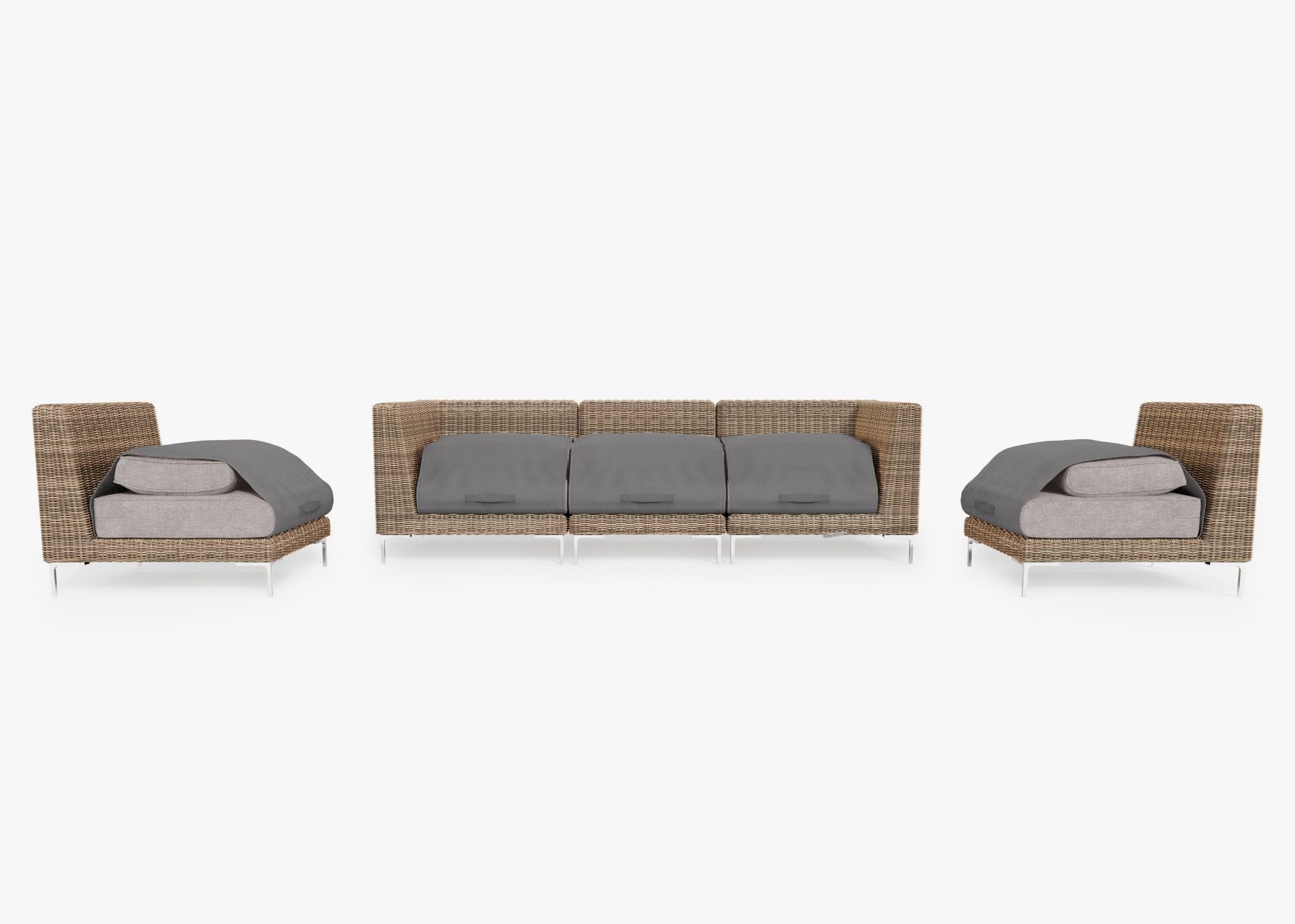 Canapé d'extérieur en osier marron avec fauteuils sans accoudoirs - 5 places