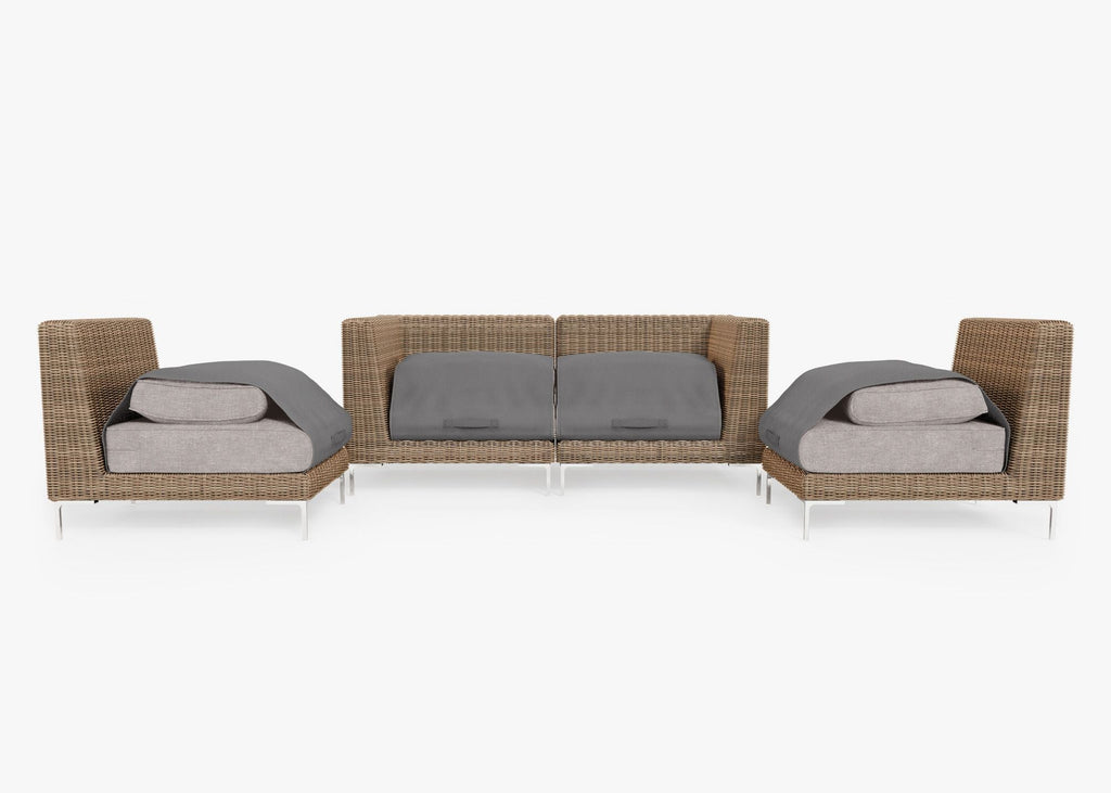 Canapé d'extérieur 4 places en osier marron avec fauteuils sans accoudoirs