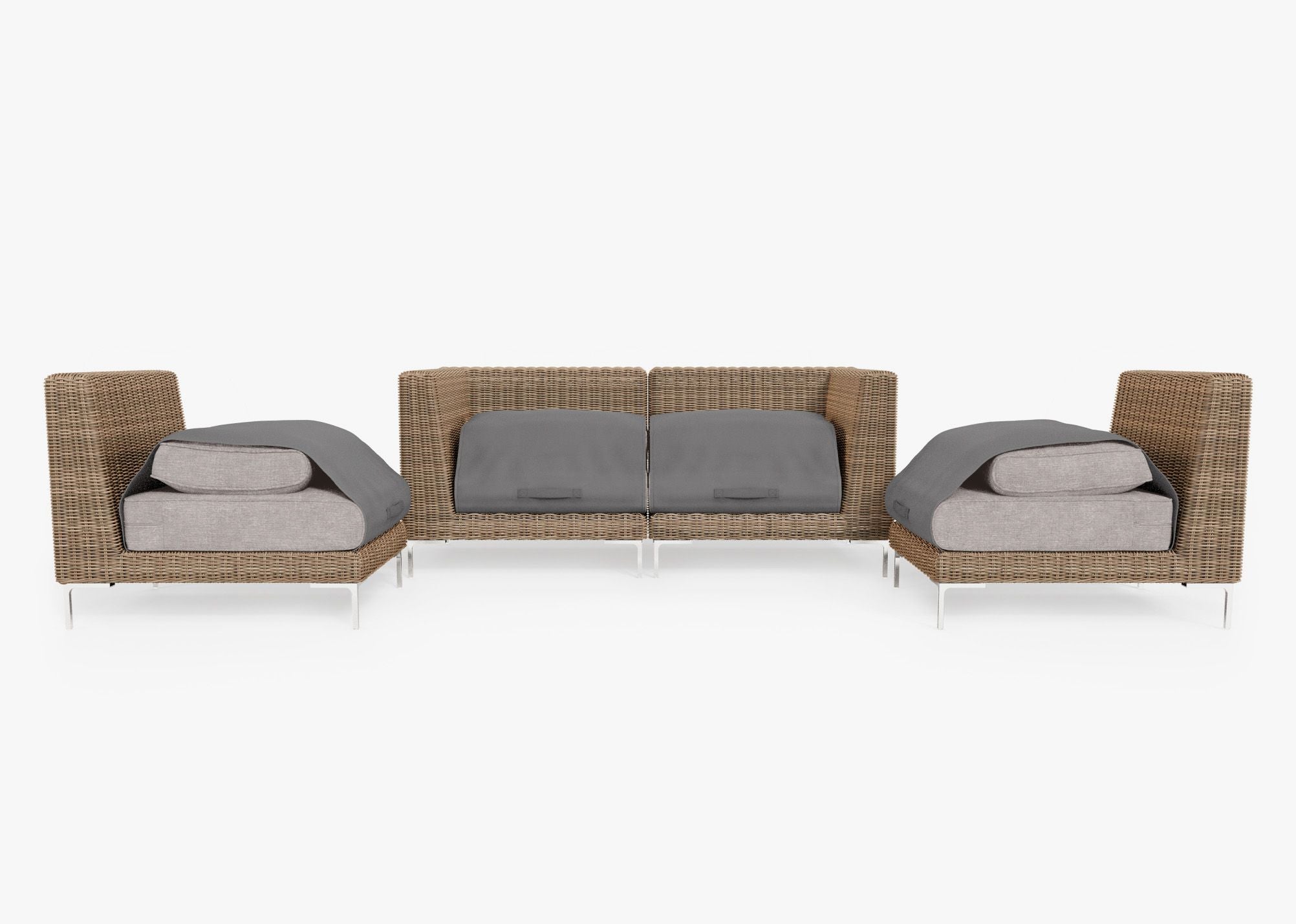 Canapé d'extérieur 4 places en osier marron avec fauteuils sans accoudoirs