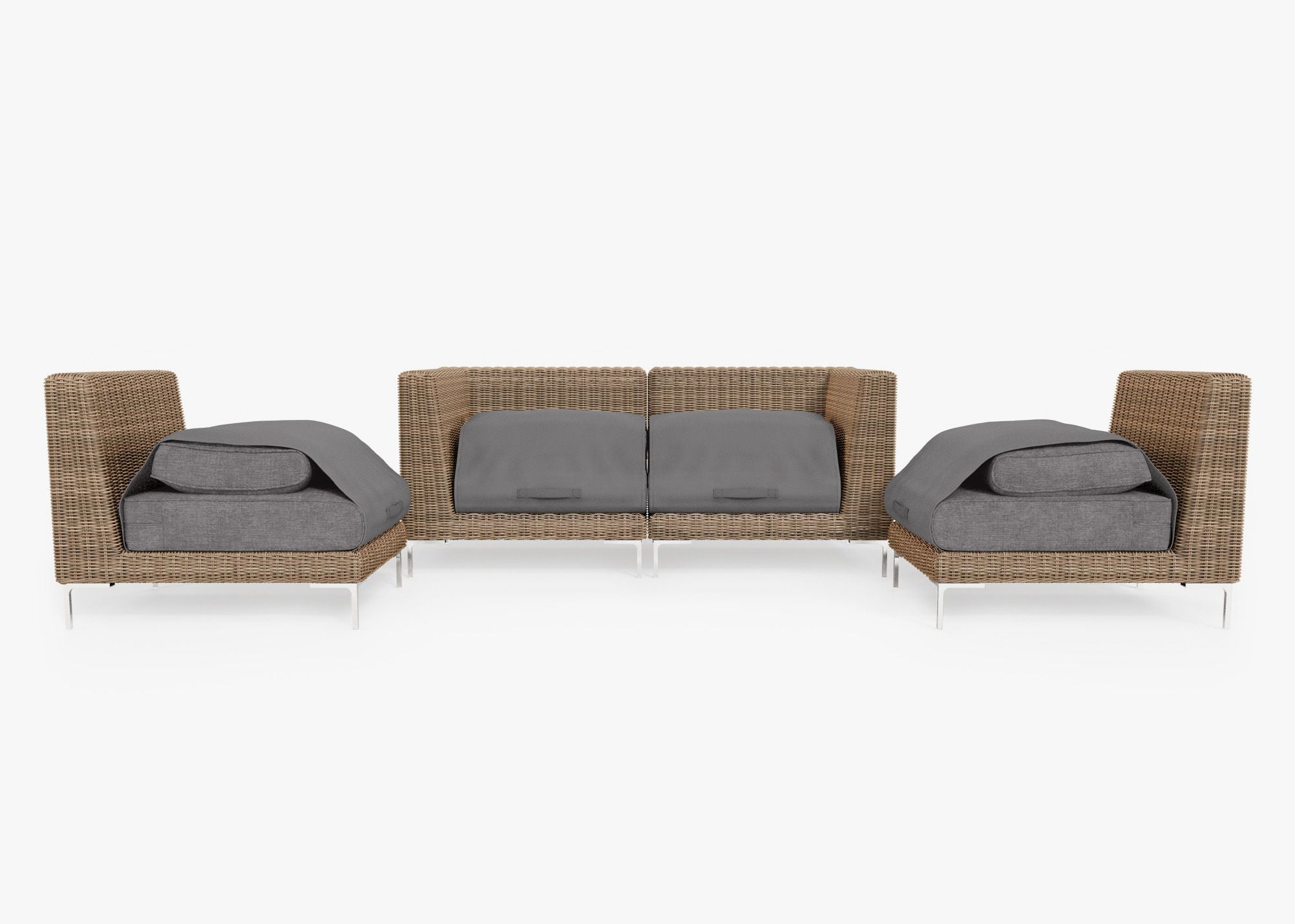 Canapé d'extérieur 4 places en osier marron avec fauteuils sans accoudoirs