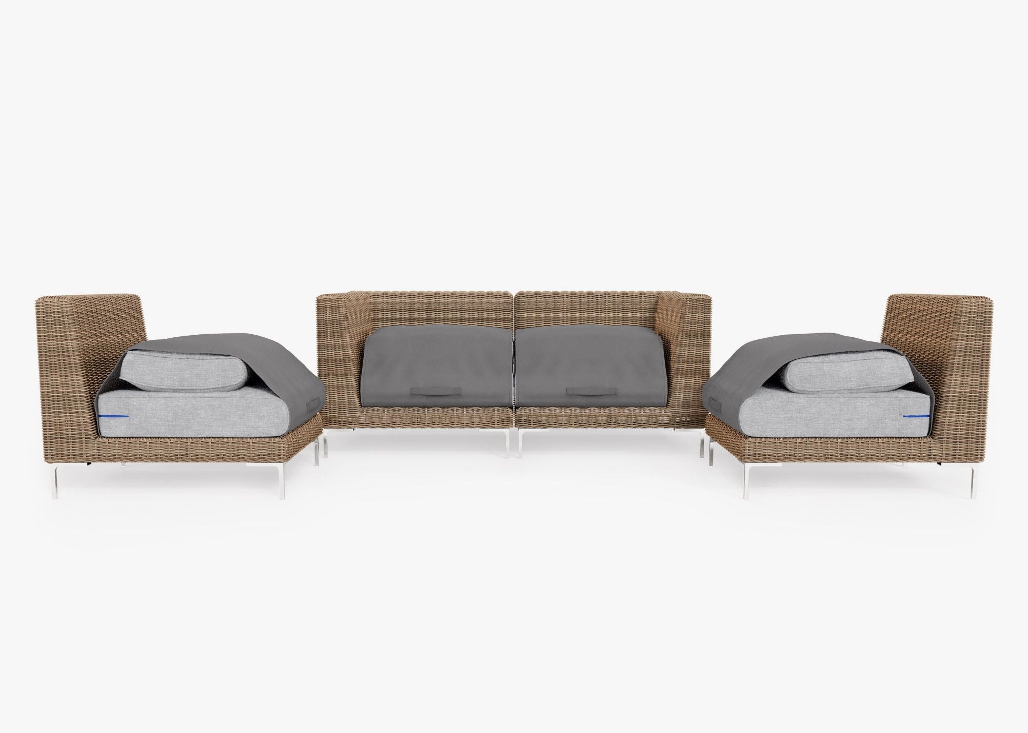 Canapé d'extérieur 4 places en osier marron avec fauteuils sans accoudoirs