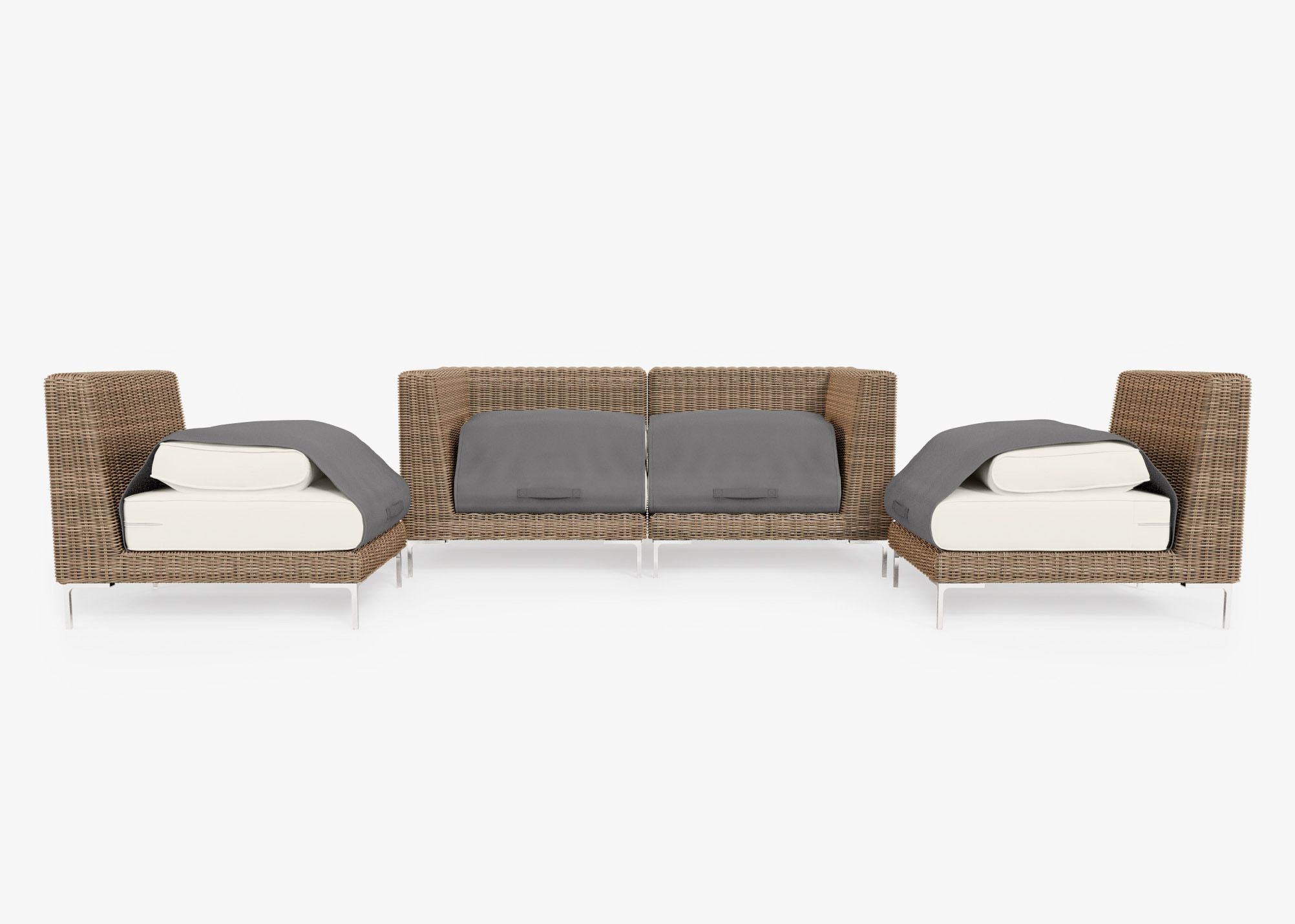 Canapé d'extérieur 4 places en osier marron avec fauteuils sans accoudoirs