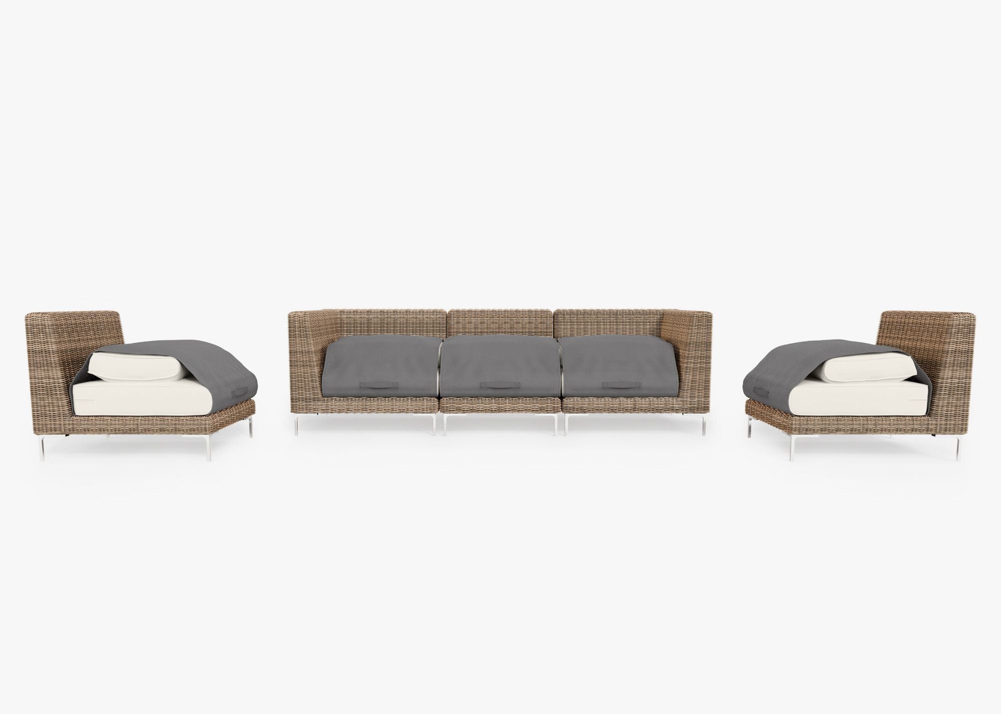 Canapé d'extérieur en osier marron avec fauteuils sans accoudoirs - 5 places