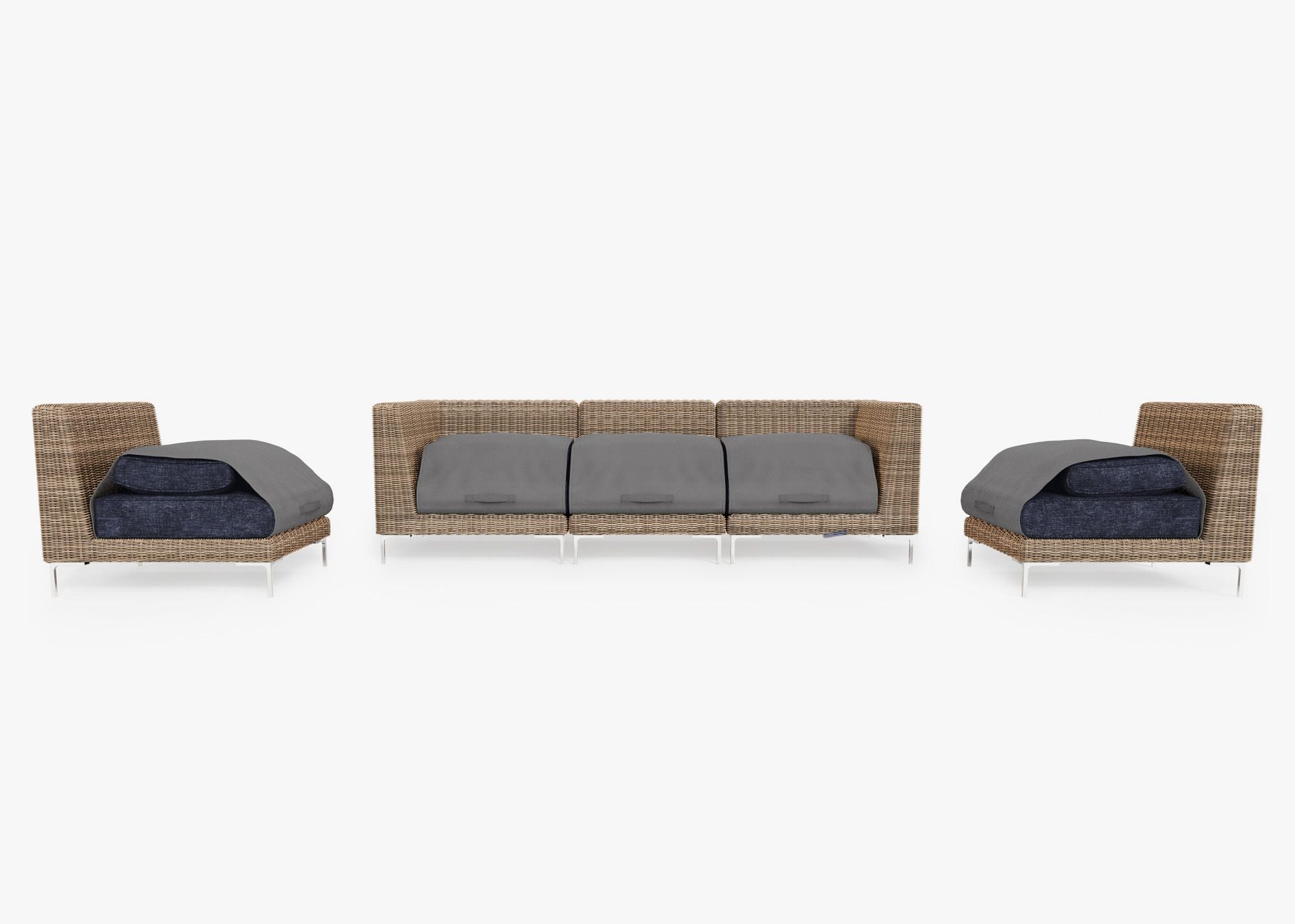 Canapé d'extérieur en osier marron avec fauteuils sans accoudoirs - 5 places