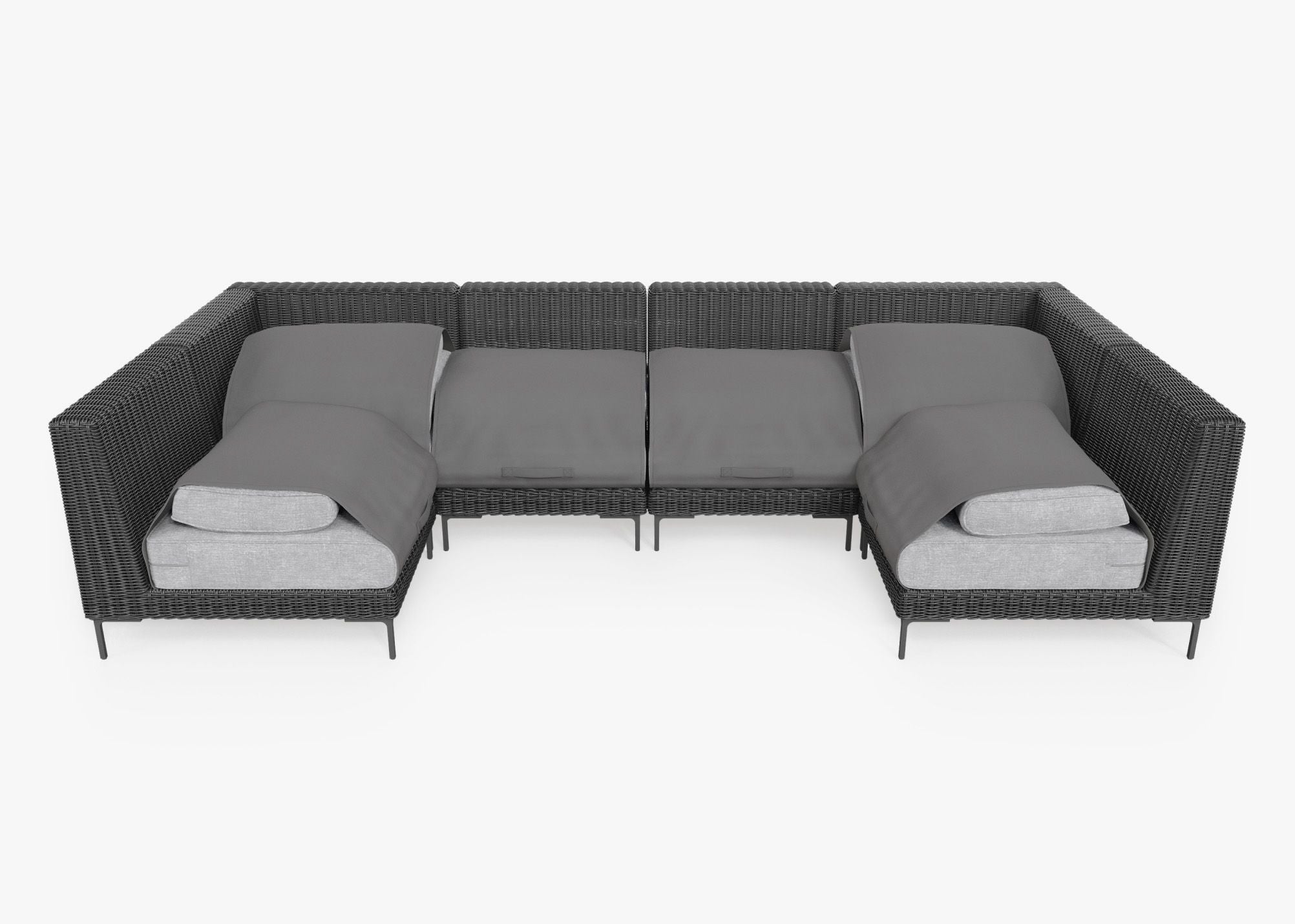 Canapé d'angle d'extérieur en résine tressée noire en forme de U - 6 places