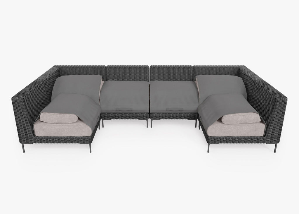 Canapé d'angle d'extérieur en résine tressée noire en forme de U - 6 places