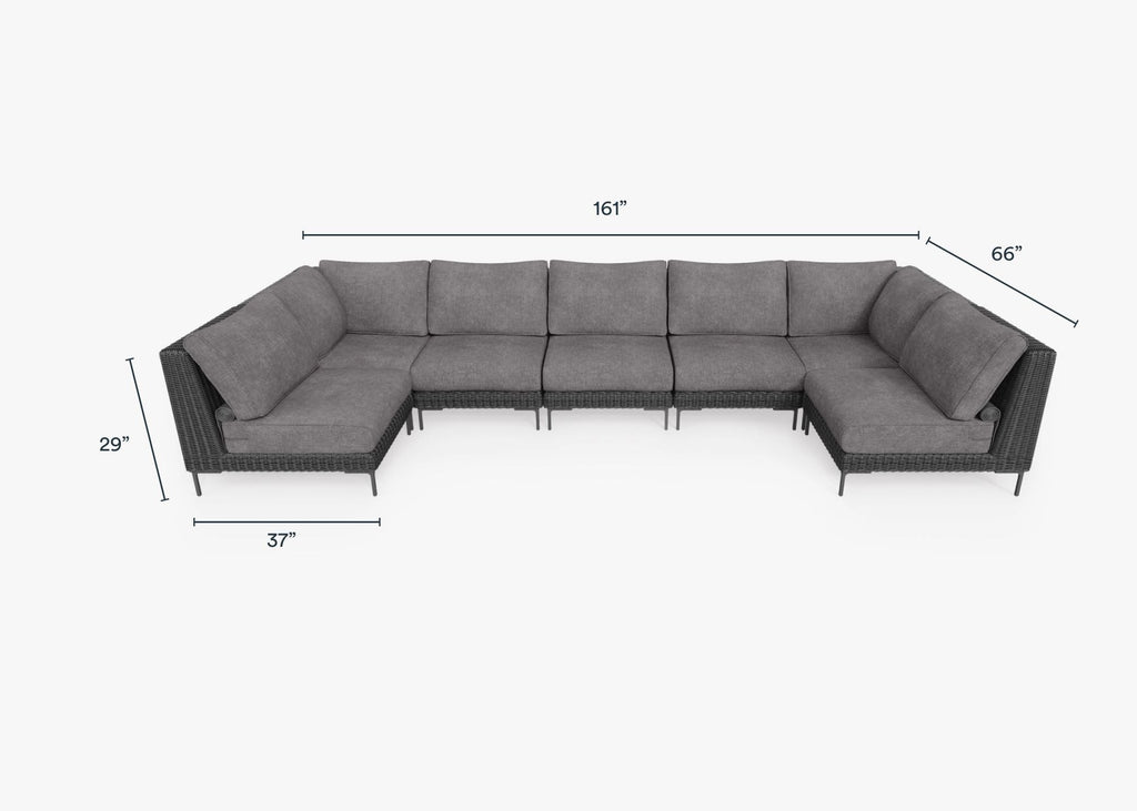 Canapé d'angle d'extérieur en résine tressée noire en forme de U - 7 places