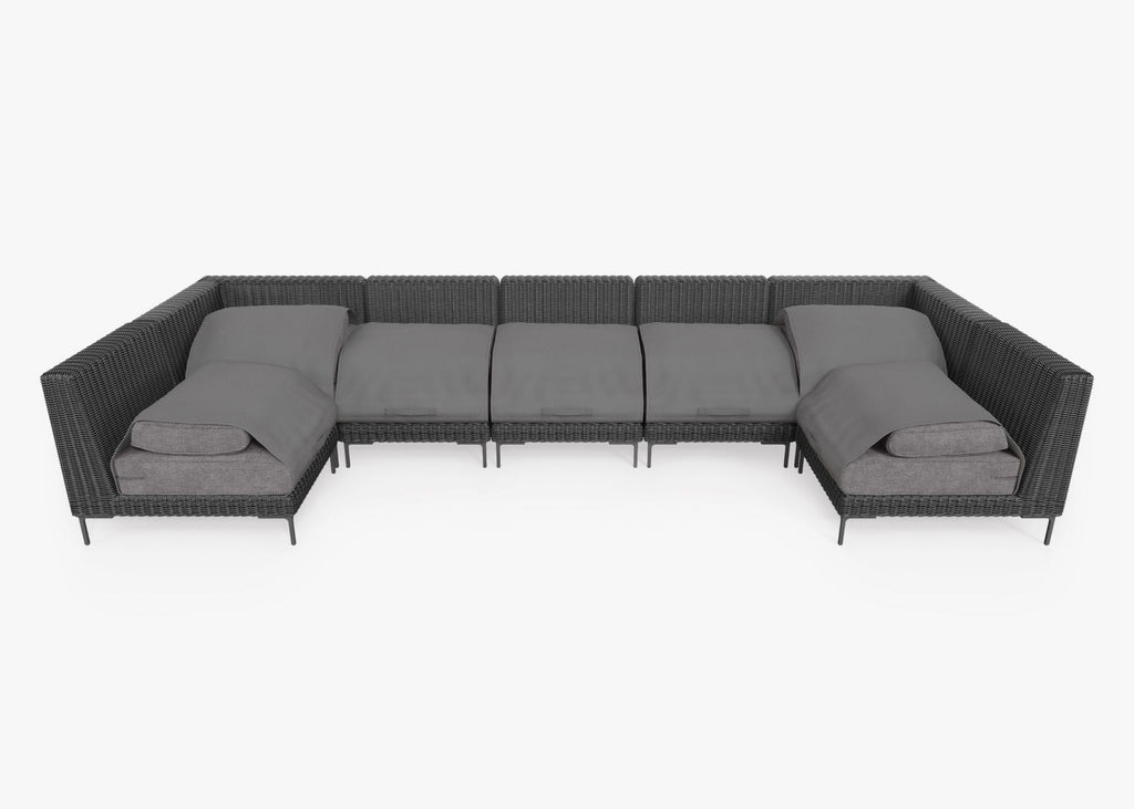 Canapé d'angle d'extérieur en résine tressée noire en forme de U - 7 places