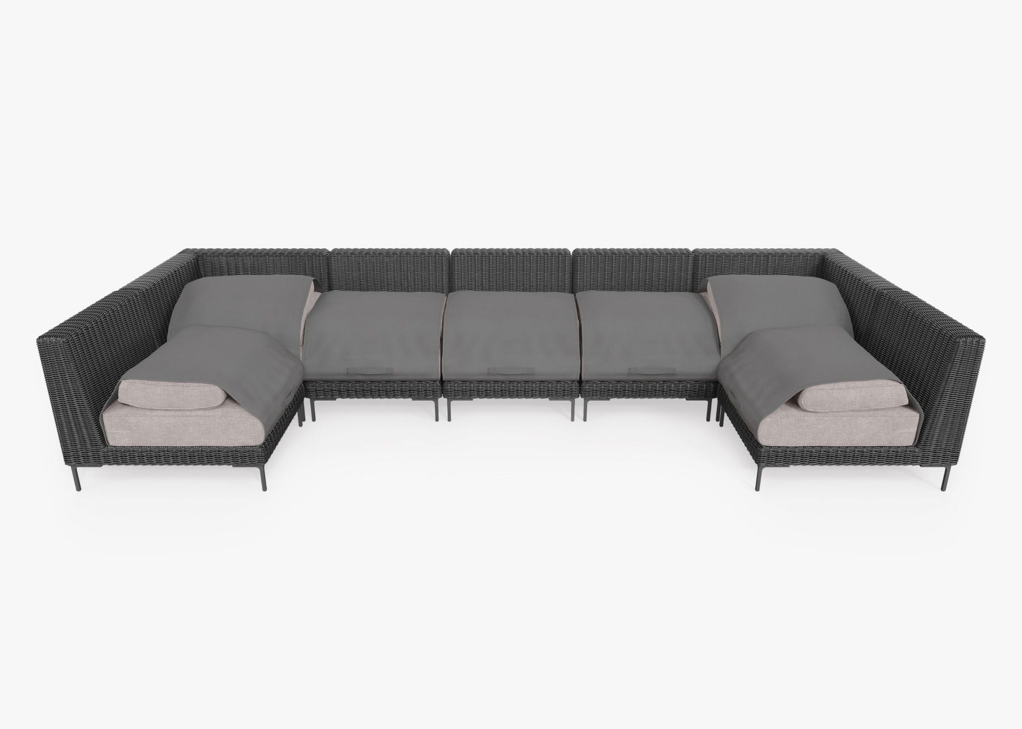 Canapé d'angle d'extérieur en résine tressée noire en forme de U - 7 places