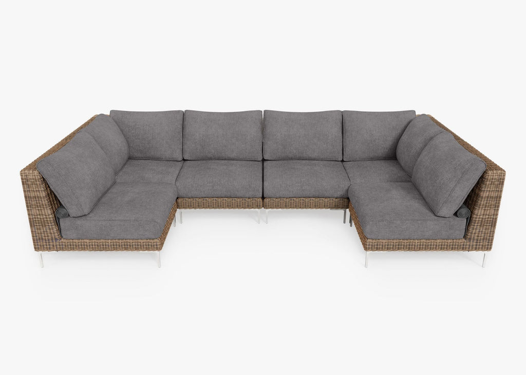 Canapé d'angle d'extérieur en osier marron en forme de U - 6 places