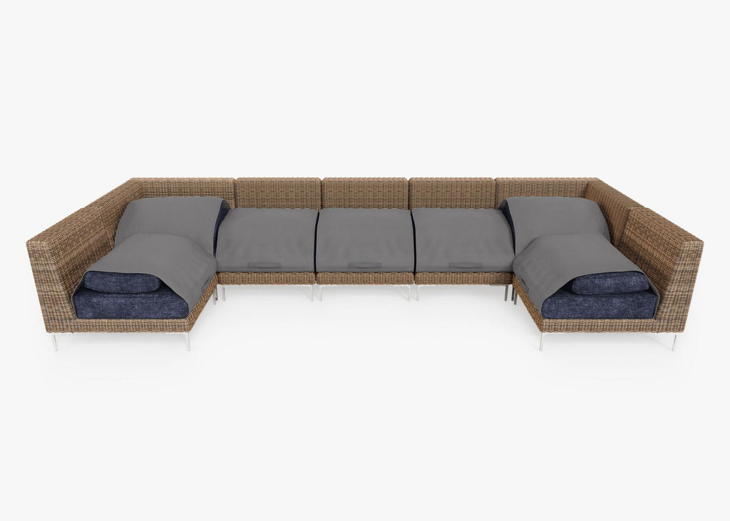 Canapé d'angle d'extérieur en osier marron en forme de U - 7 places