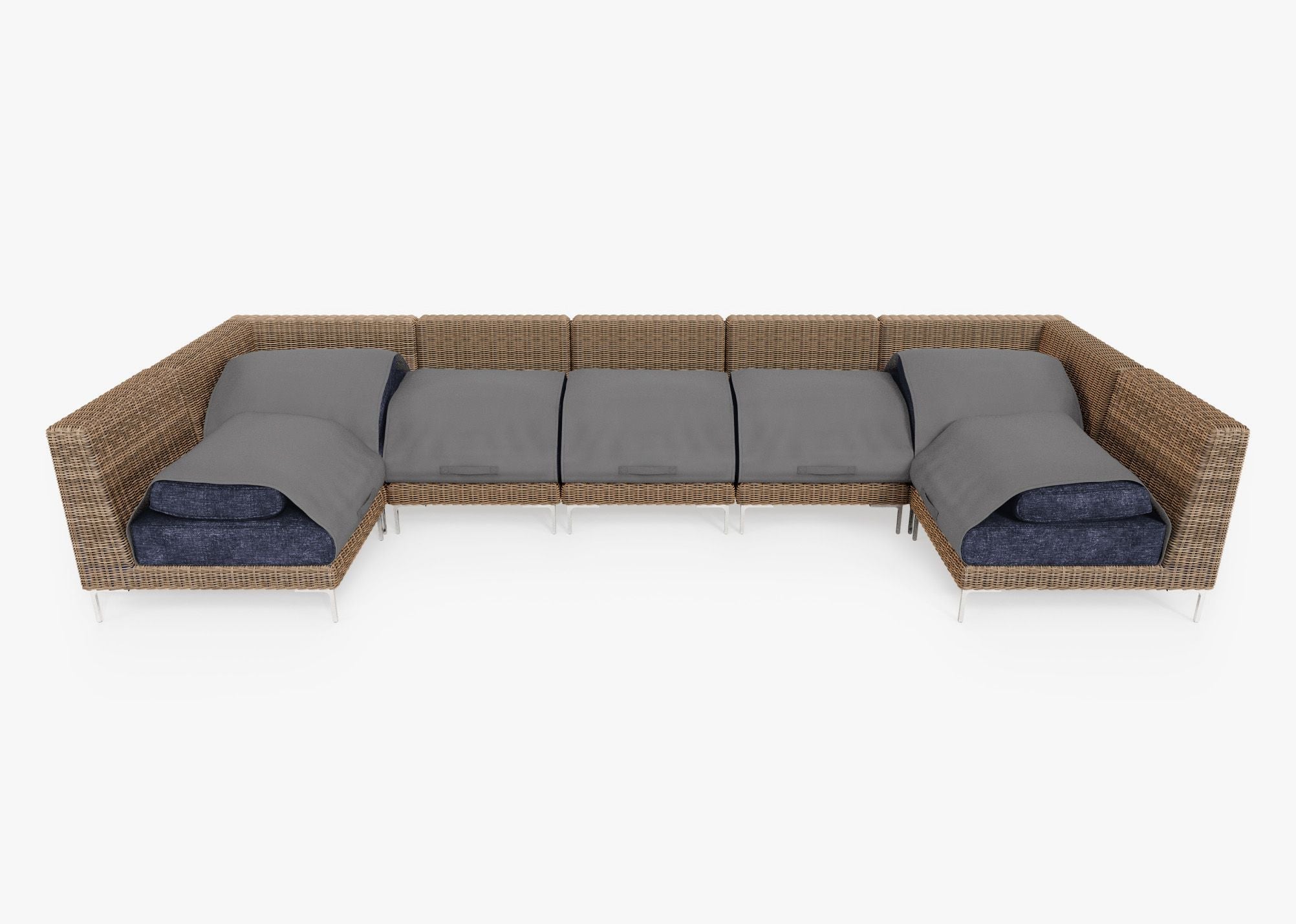 Canapé d'angle d'extérieur en osier marron en forme de U - 7 places