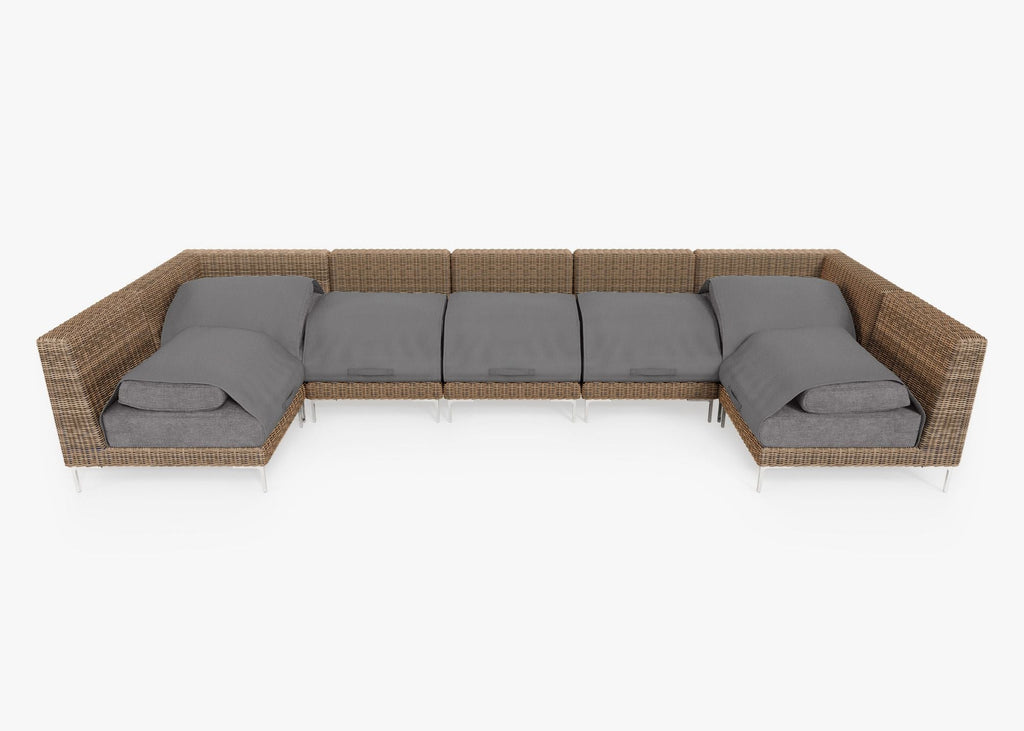 Canapé d'angle d'extérieur en osier marron en forme de U - 7 places