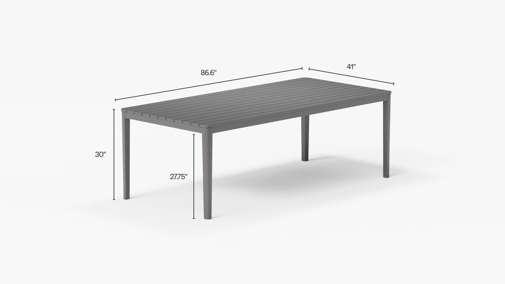 Table de salle à manger rectangulaire d'extérieur en aluminium + 2 fauteuils 595 + 3 chaises sans accoudoirs 595 + banc de salle à manger en aluminium