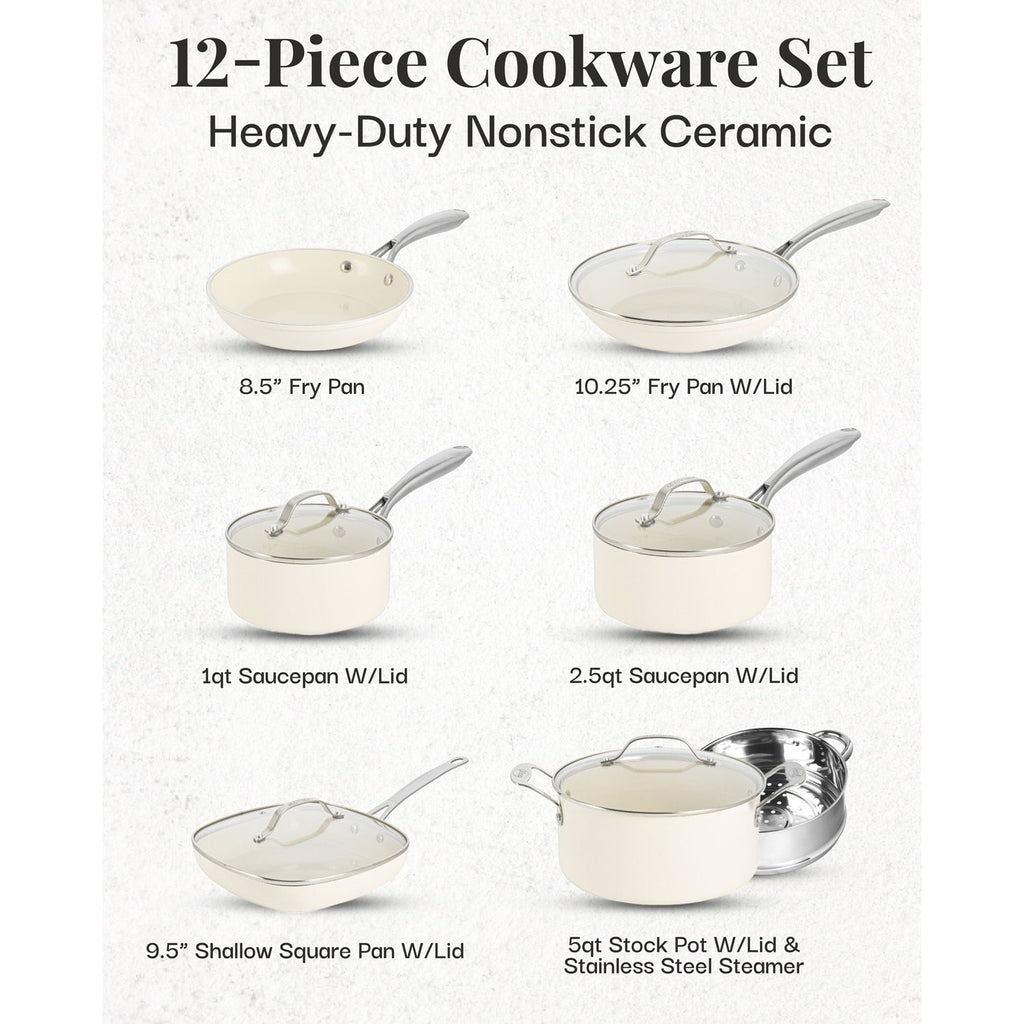 Batterie de cuisine Gotham Steel Cream 12 pièces, casseroles et poêles, en céramique ultra antiadhésive avec poignées isolantes