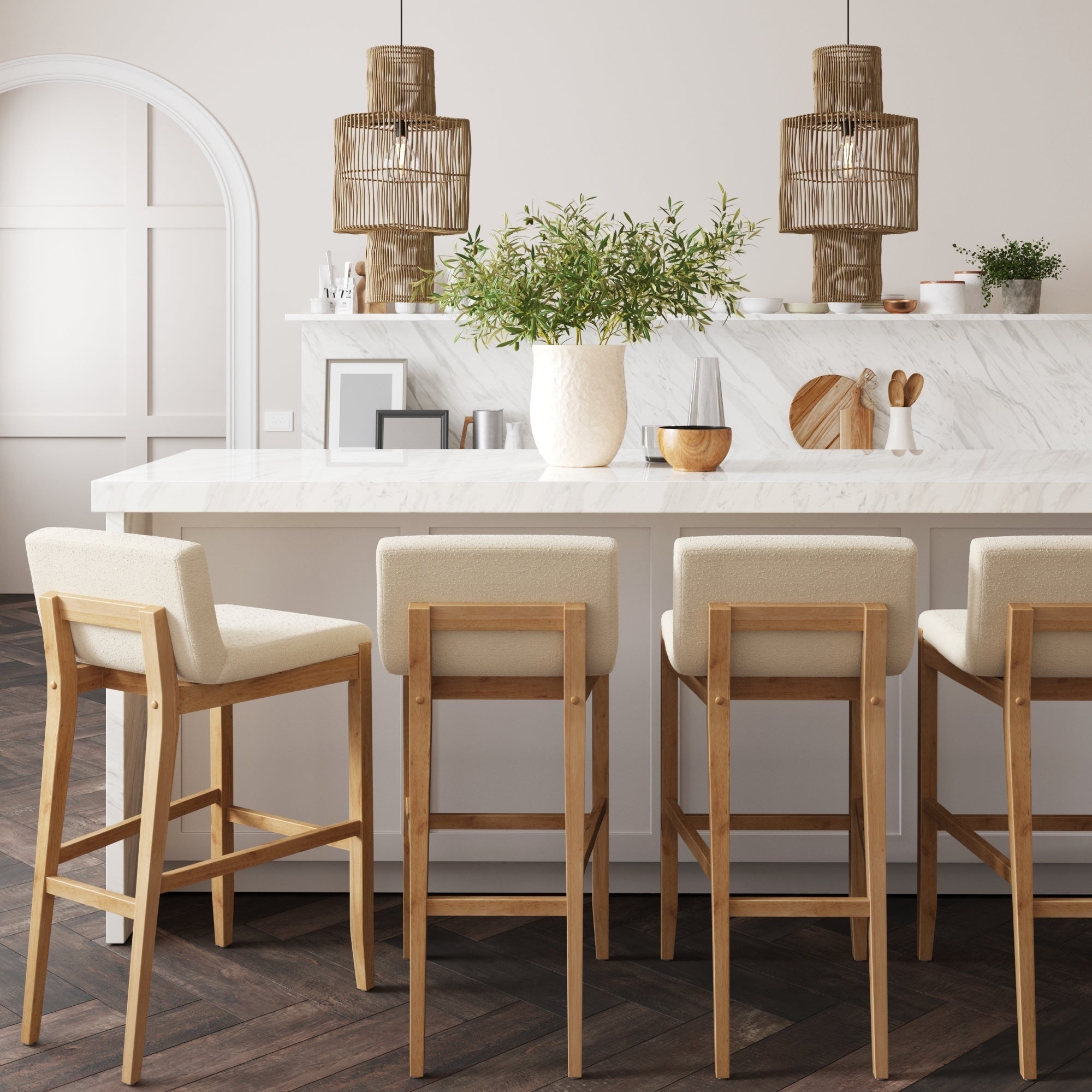 Tabouret de bar moderne Gracie, chaise rembourrée en boucle et pieds en bois brossé