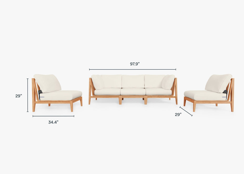 Canapé d'extérieur en teck avec fauteuils sans accoudoirs - 5 places