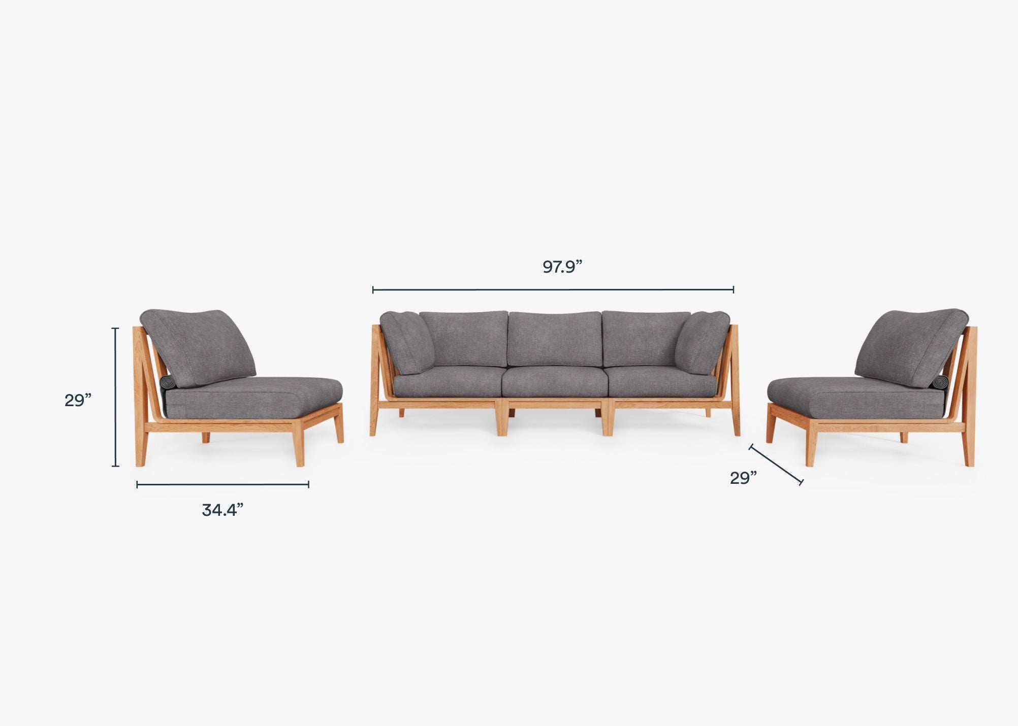 Canapé d'extérieur en teck avec fauteuils sans accoudoirs - 5 places