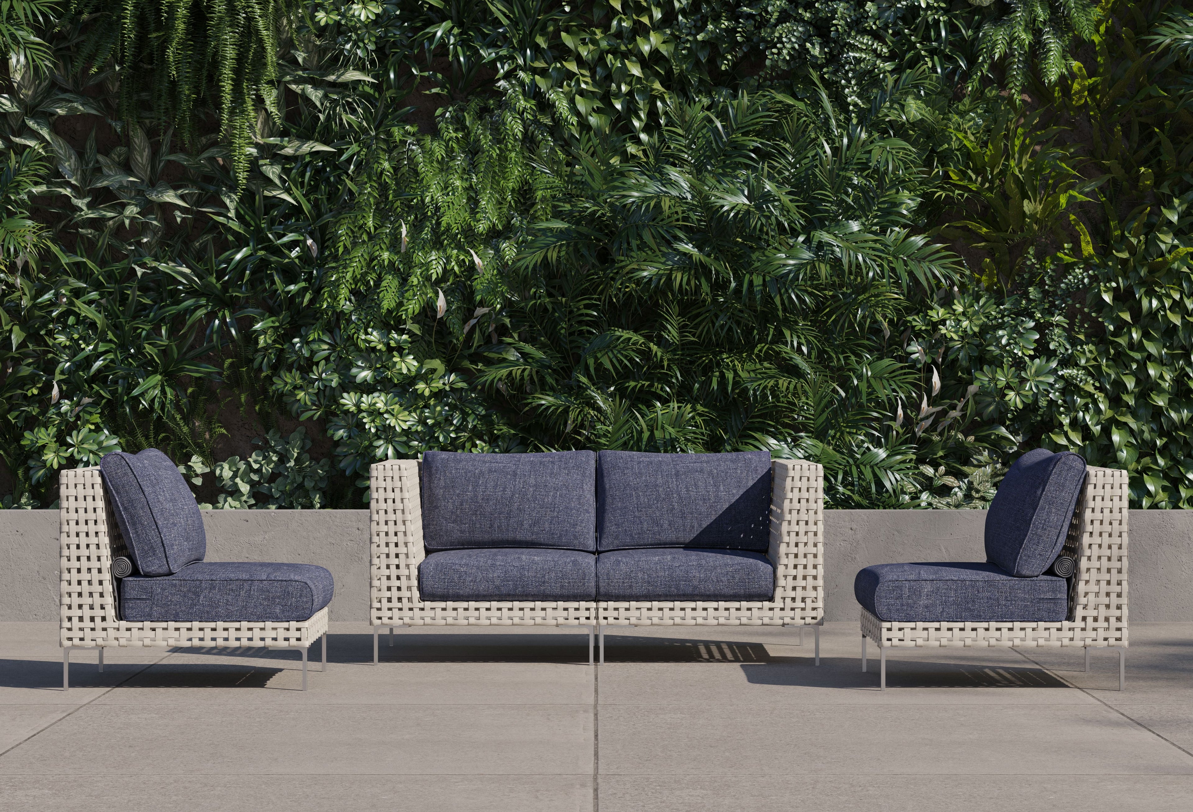 Canapé d'extérieur 4 places en résine tressée ajourée avec fauteuils sans accoudoirs