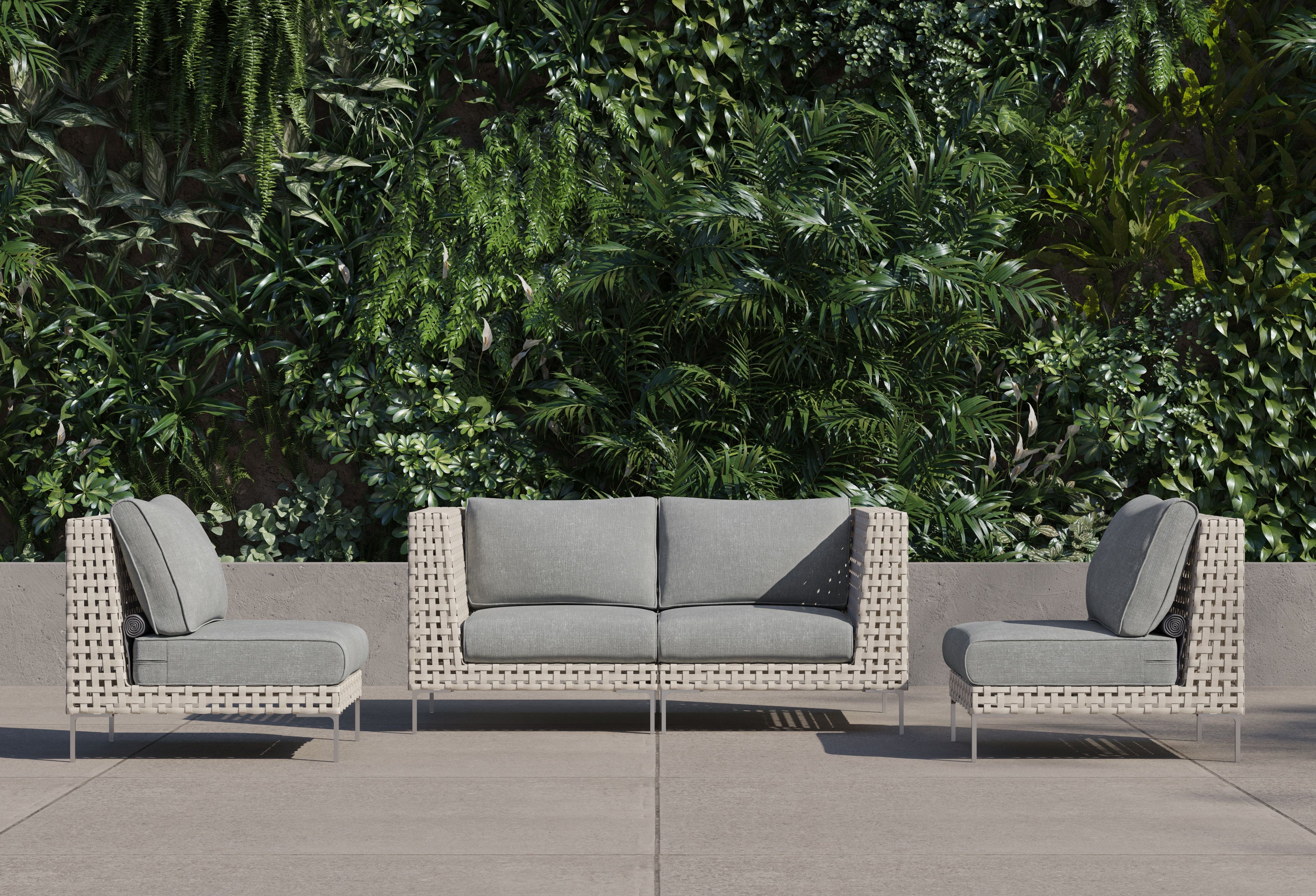 Canapé d'extérieur 4 places en résine tressée ajourée avec fauteuils sans accoudoirs