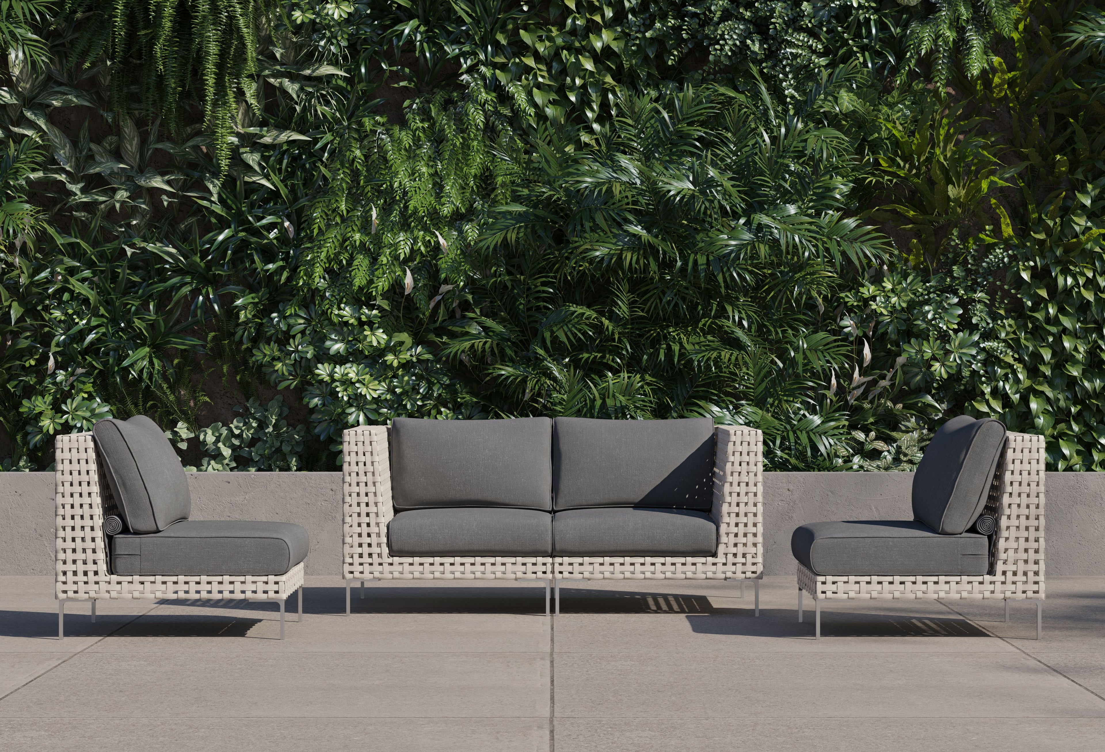 Canapé d'extérieur 4 places en résine tressée ajourée avec fauteuils sans accoudoirs