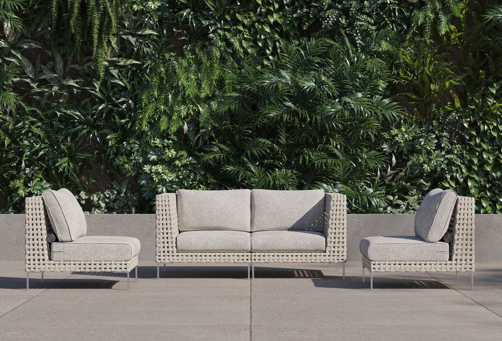 Canapé d'extérieur 4 places en résine tressée ajourée avec fauteuils sans accoudoirs