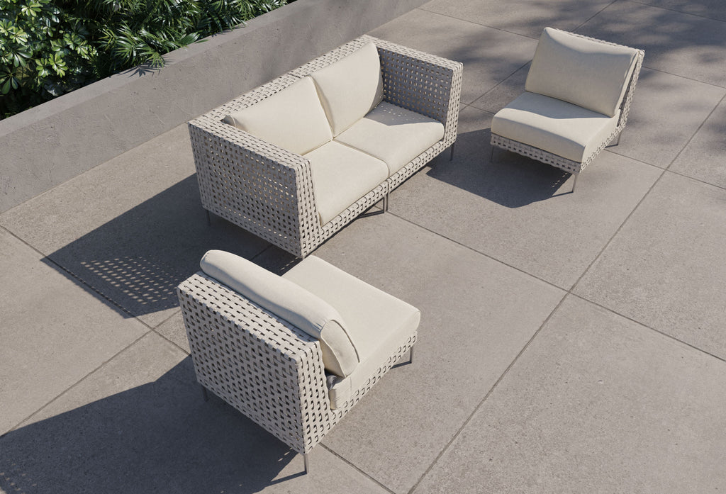 Canapé d'extérieur 4 places en résine tressée ajourée avec fauteuils sans accoudoirs