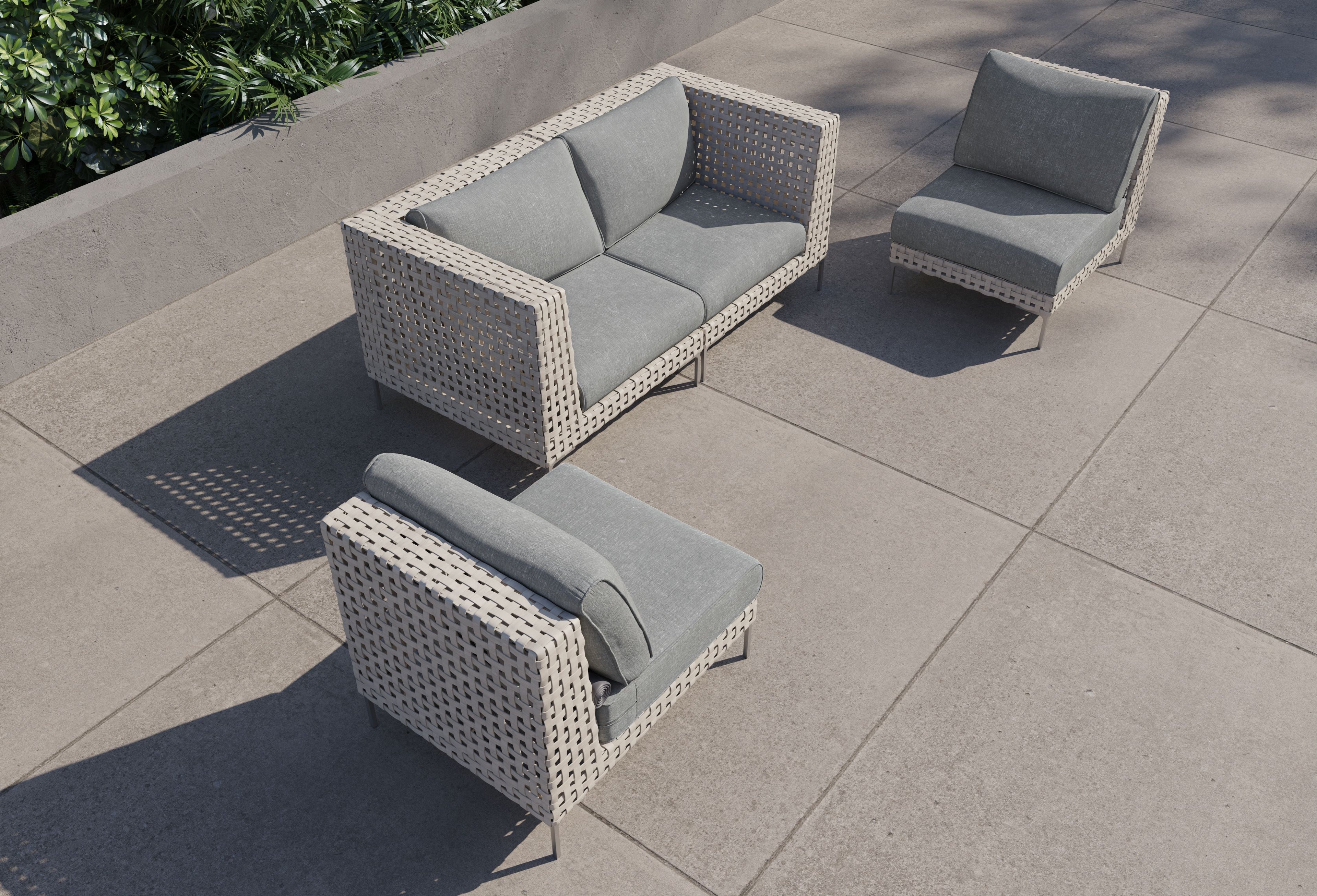 Canapé d'extérieur 4 places en résine tressée ajourée avec fauteuils sans accoudoirs