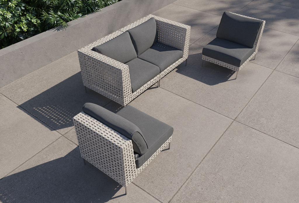 Canapé d'extérieur 4 places en résine tressée ajourée avec fauteuils sans accoudoirs