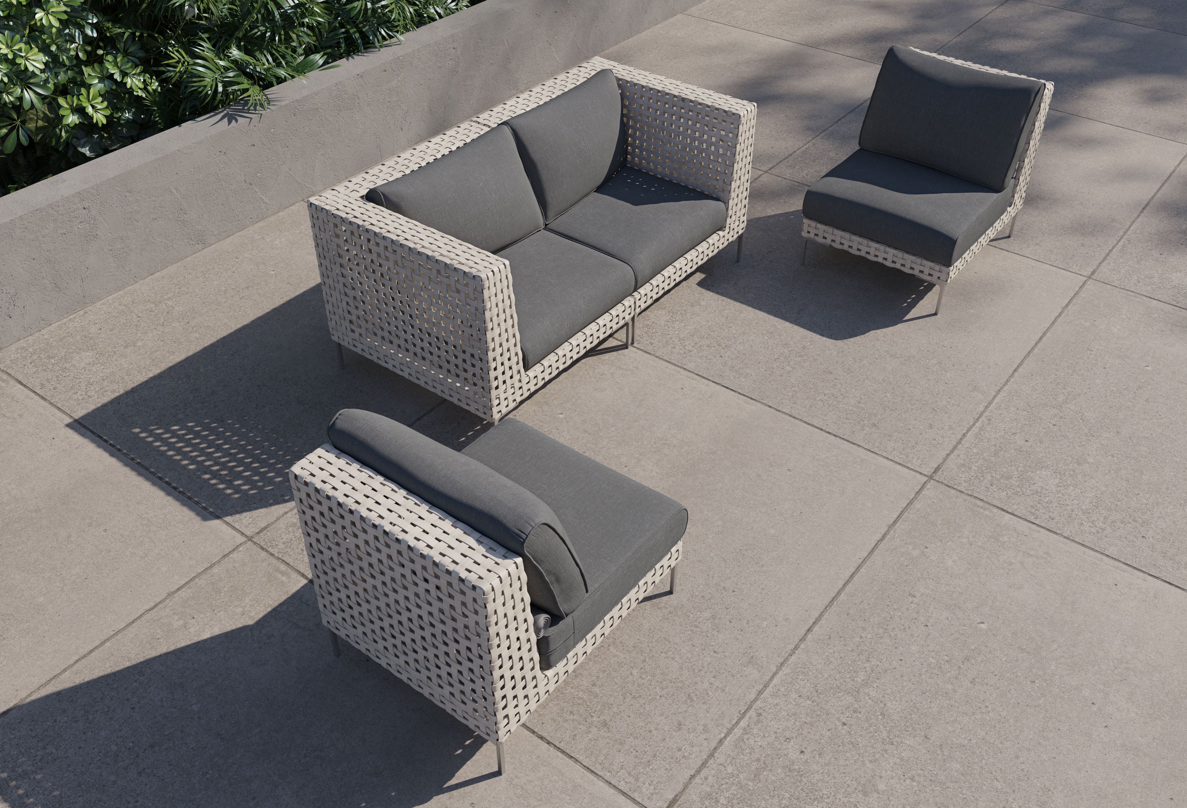 Canapé d'extérieur 4 places en résine tressée ajourée avec fauteuils sans accoudoirs