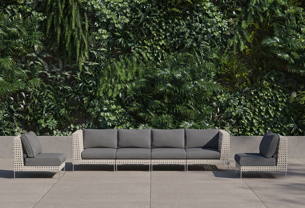 Canapé d'extérieur en résine tressée ajourée avec fauteuils sans accoudoirs - 6 places